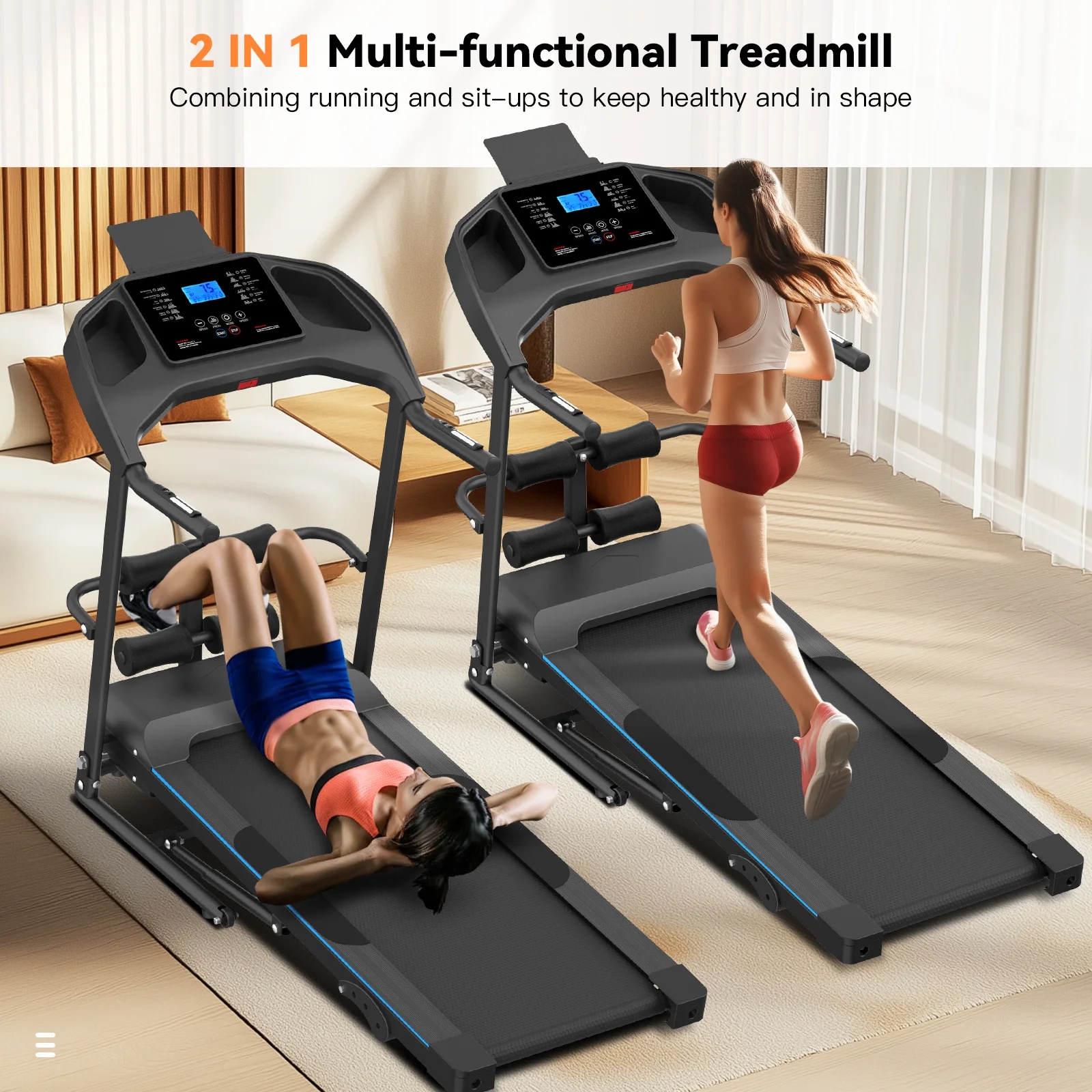 Treadmill with 8% Incline, 3.0 HP Foldable Compact Treadmill with Sit-up Function, 300 lbs Walking Running Treadmill with LCD Display for Exercise, 12 Programs - Image 23