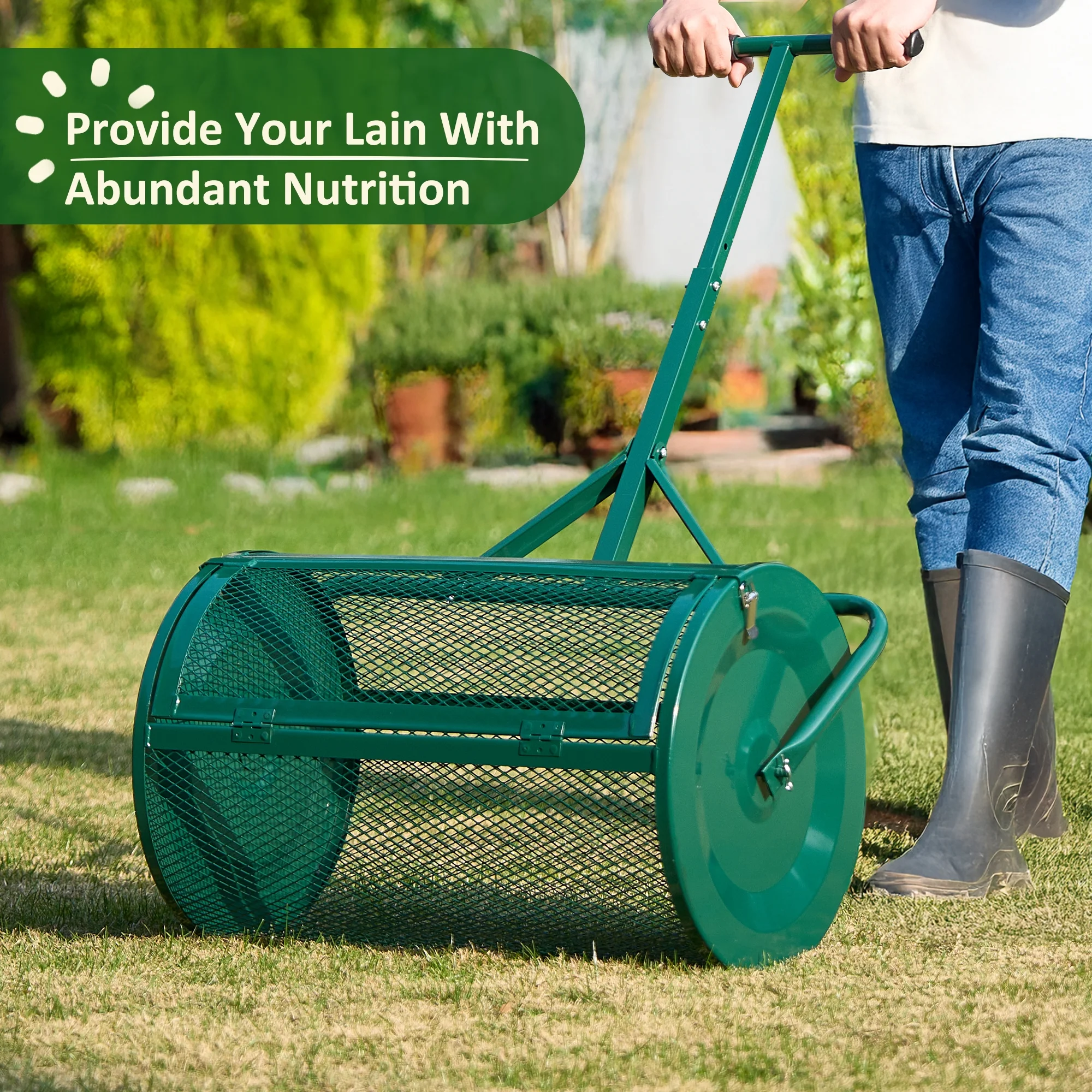 MUCHANT 24" Compost Spreader, Heavy-Duty Metal Mesh Spreader with Adjustable Handle for Lawn, Green - Image 8