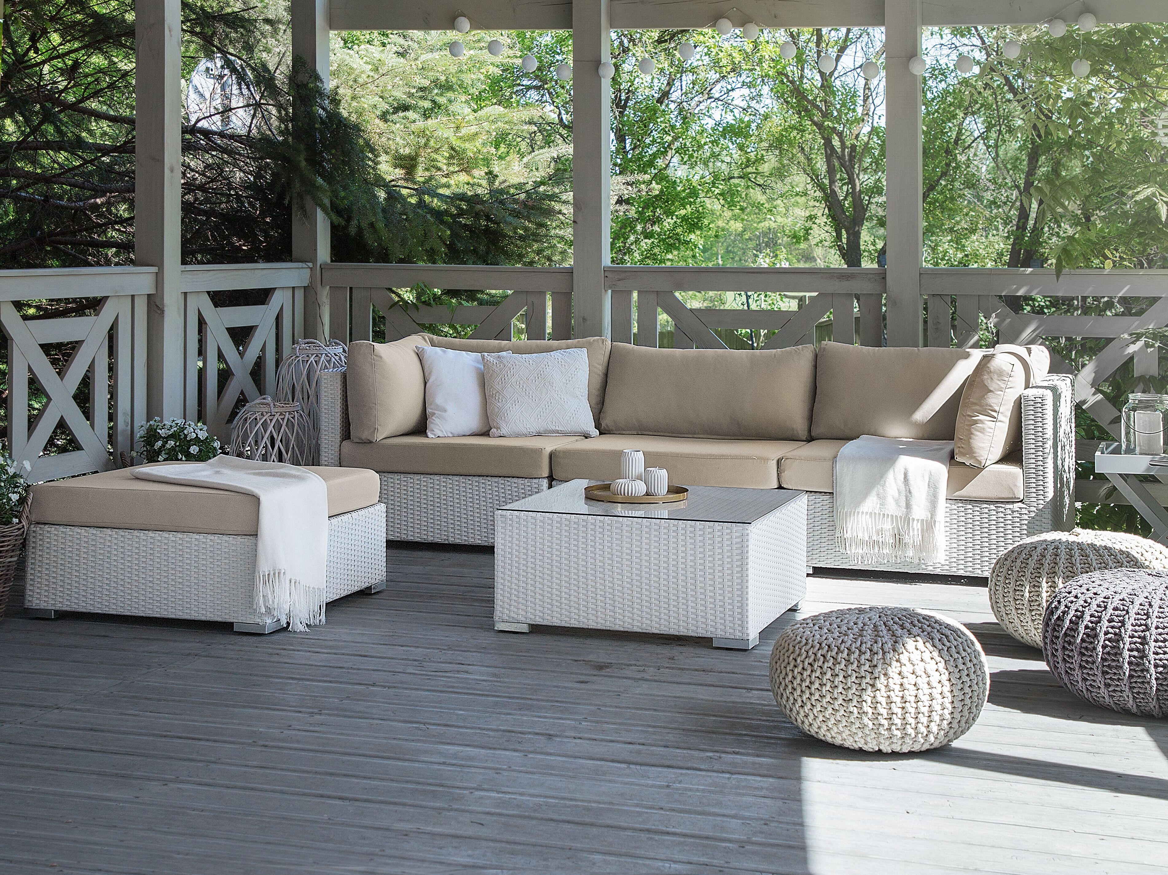 Garden Corner Sofa with Table 4 Seater SANO Right Hand Modular PE Rattan White