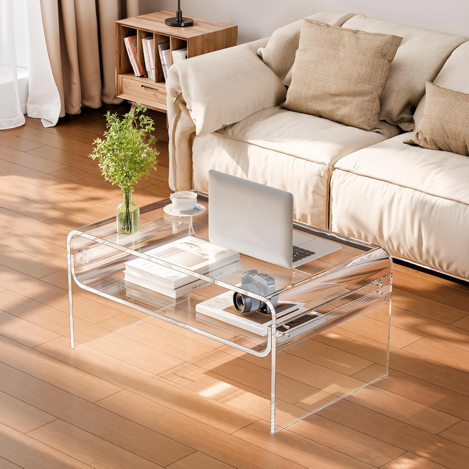 VEVOR Acrylic Coffee Table, Modern Waterfall Center Table with Open Storage Shelf, Clear Rectangle Lucite Desk for Living Room, Office Reception, 31.5