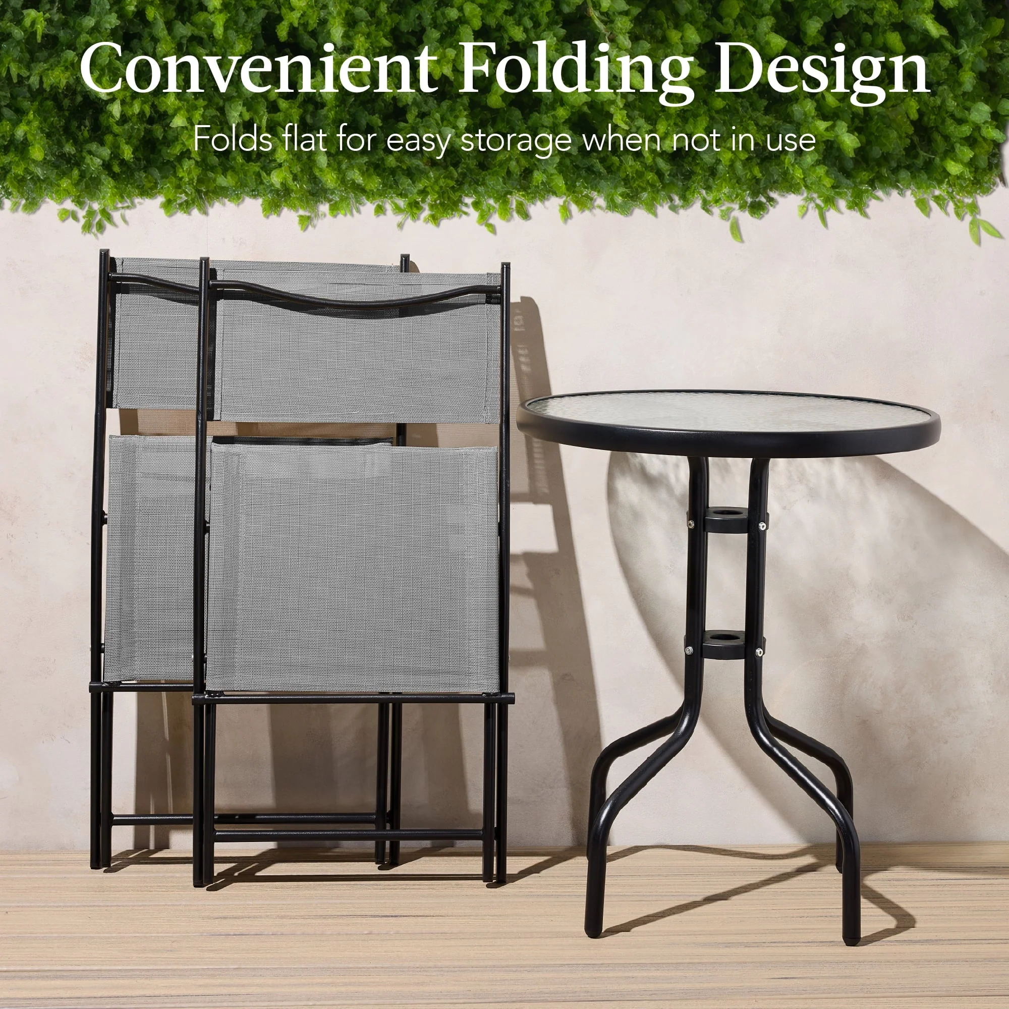 Best Choice Products 3-Piece Patio Bistro Dining Set With Glass Tabletop And Folding Chairs - Gray - Image 17 Best Choice Products 3-Piece Patio Bistro Dining Set With Glass Tabletop And Folding Chairs - Gray - Image 17