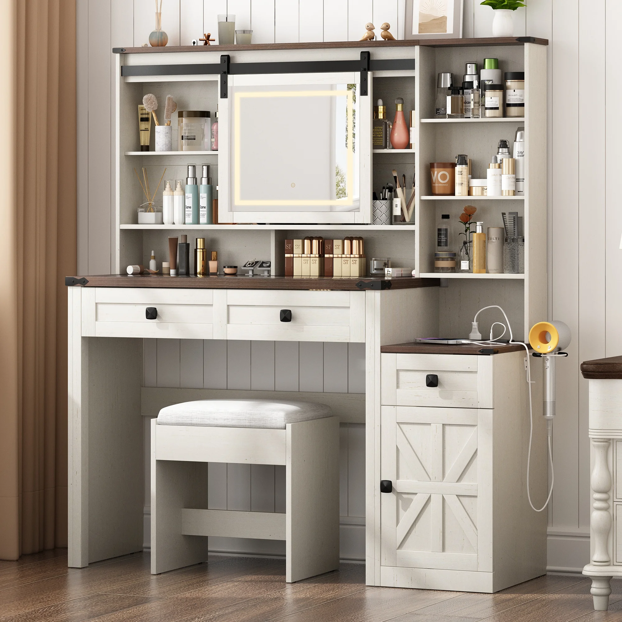 Blotout 47.2" Farmhouse Rustic Makeup Vanity Desk with Sliding Mirror and Lights, Glass Top Vanity Set with Charging Station & 3 Drawers & 1 Cabinet & Stool, Big Vanity (White) - Image 9