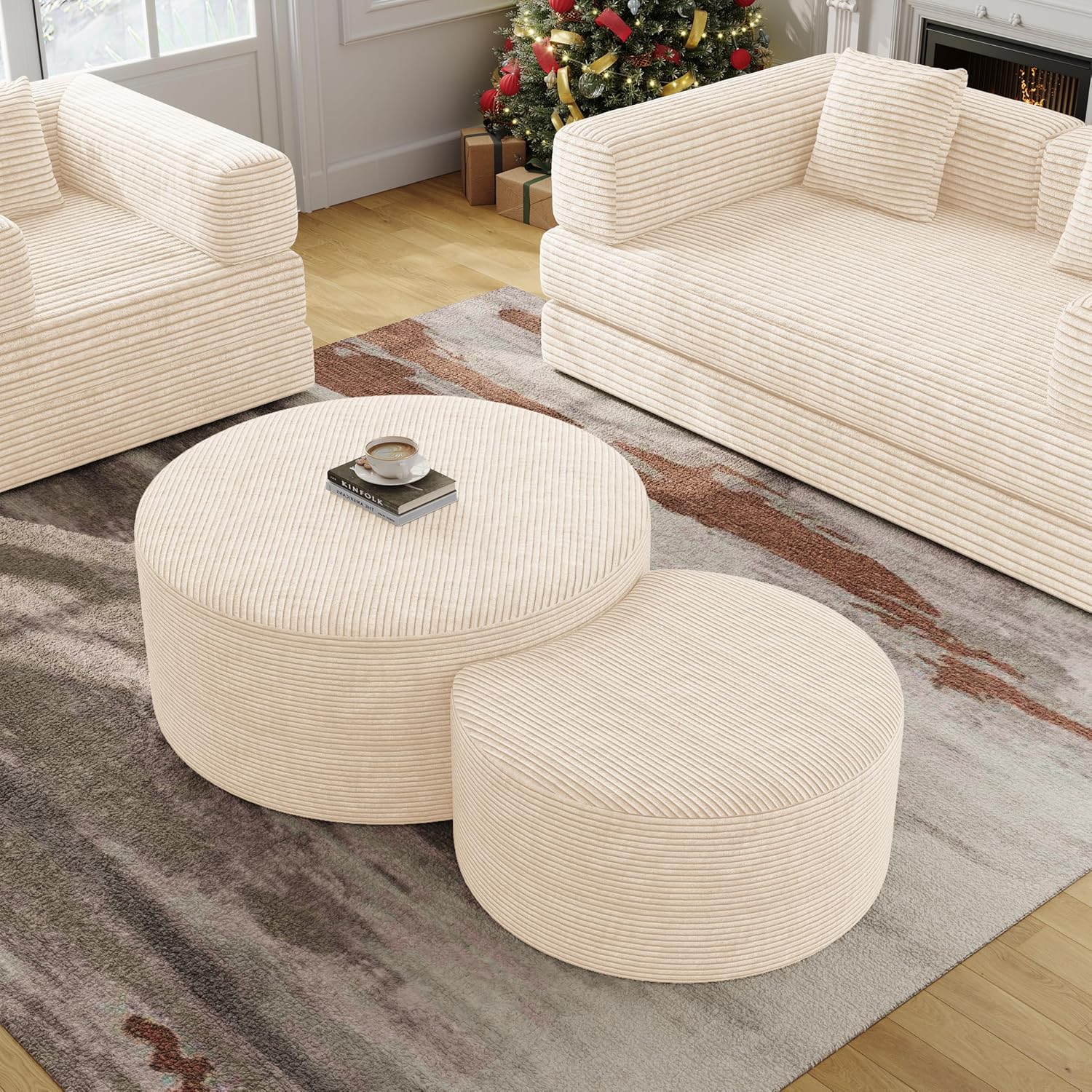 BSHOMGI Round Coffee Table Set of 2, Movable Ottoman for Corduroy Cloud Sectional Couches Circle Foam Round Side Table for Living Room, Entryway Set, 32