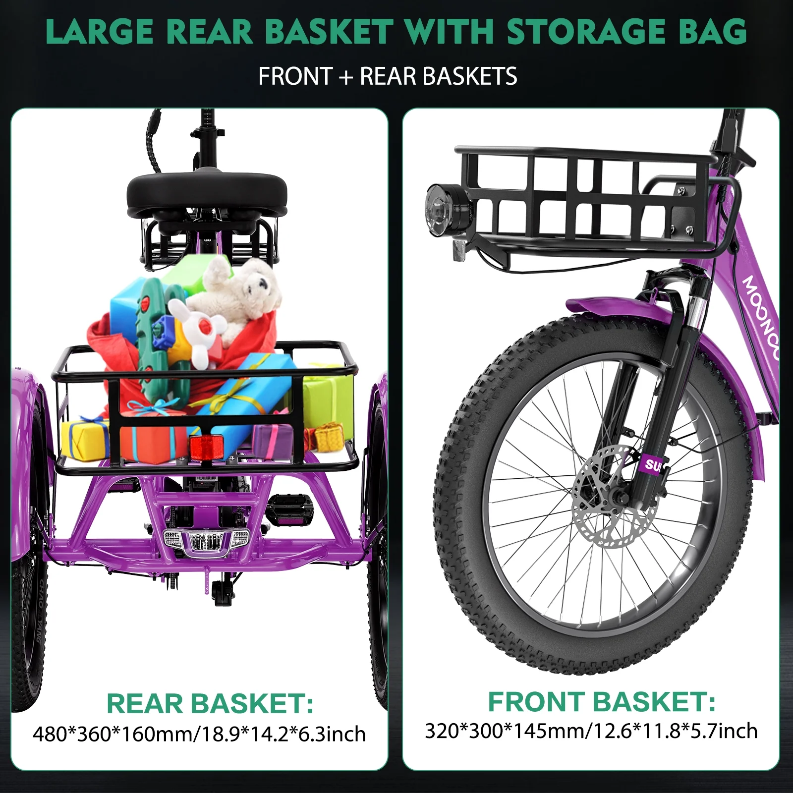 MOONCOOL TK1 Folding Electric Tricycle for Adults,48V 14.5Ah Removable battery, 500W(Peak 1000w)Motor, 20" Fat Tire Step-Thru 3Wheel Electric Bicycle w/Front&Rear Baskets, Certified to UL 2849 by SGS - Image 36