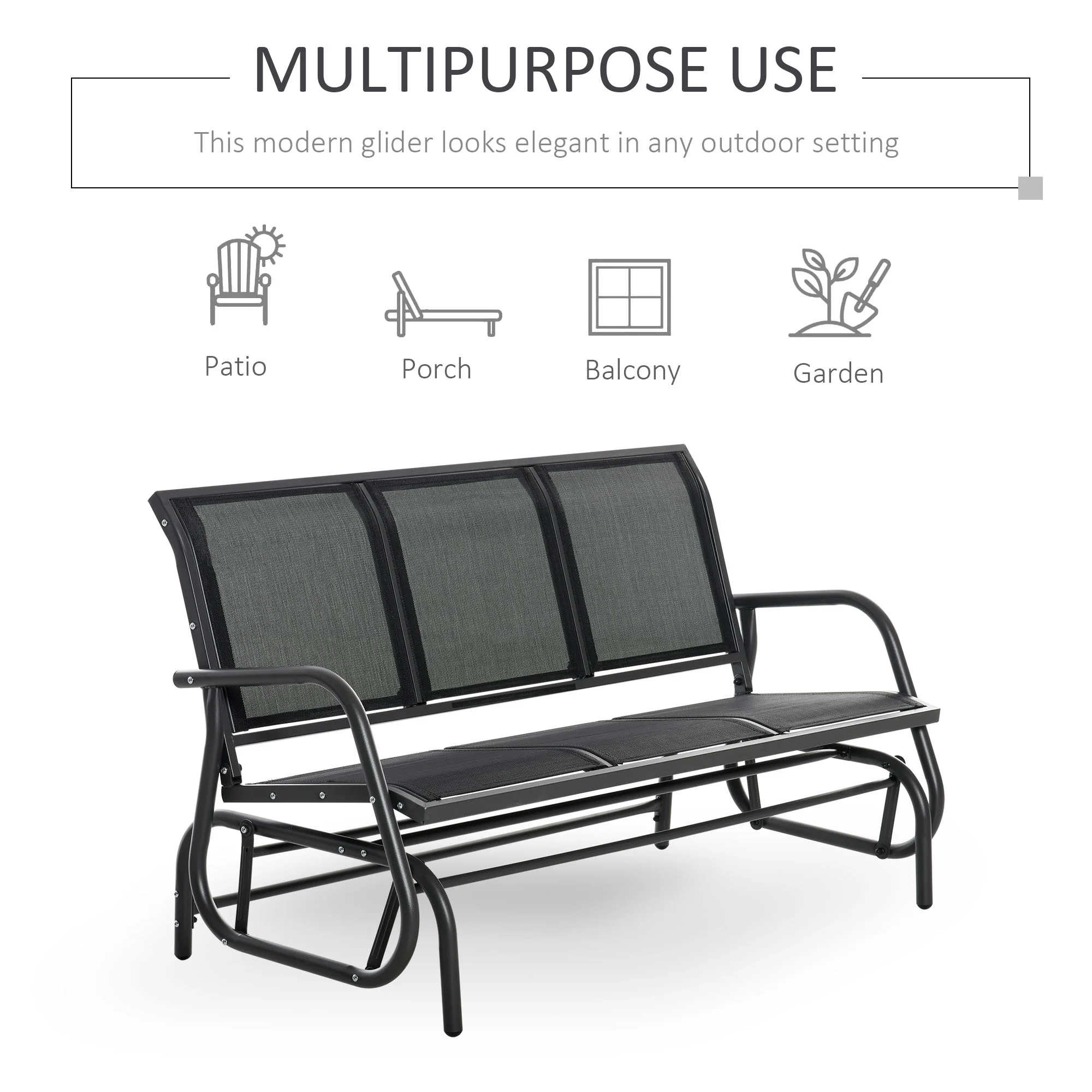 Outsunny Patio Glider Bench, Outdoor Porch Glider Swing with 3 Seats, Breathable Mesh Fabric, Metal Frame, Black - Image 4