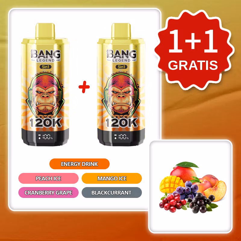 BANG LEGEND 120 000 puffów 5w1 – Energy Drink, Peach Ice, Mango Ice, Cranberry Grape | 1+1 gratis