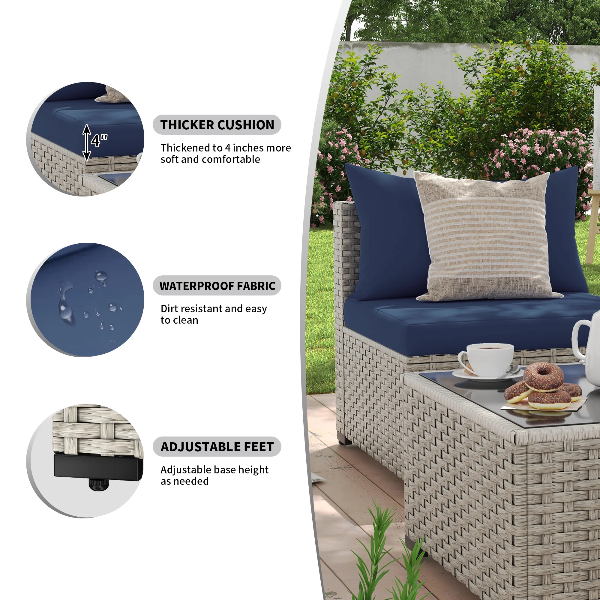 7 Pieces Patio Conversation Set, Outdoor Sectional PE Rattan Wicker Furniture Seat,Dark Gray - Image 37