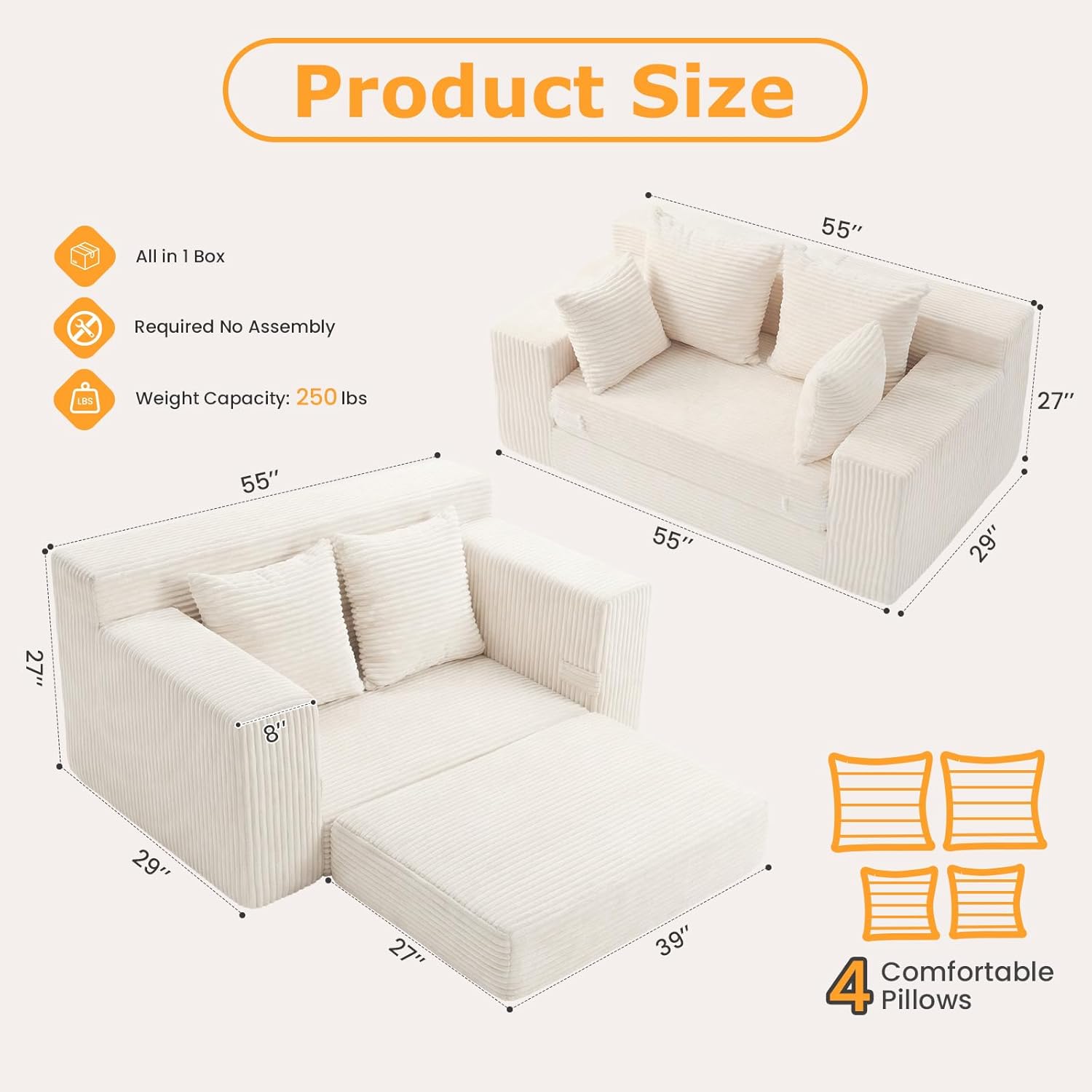 Boneless Loveseat Sleeper Sofa Bed, 3-in-1 Convertible Sofa Bed and Futon Couch with 4 Pillows, 55