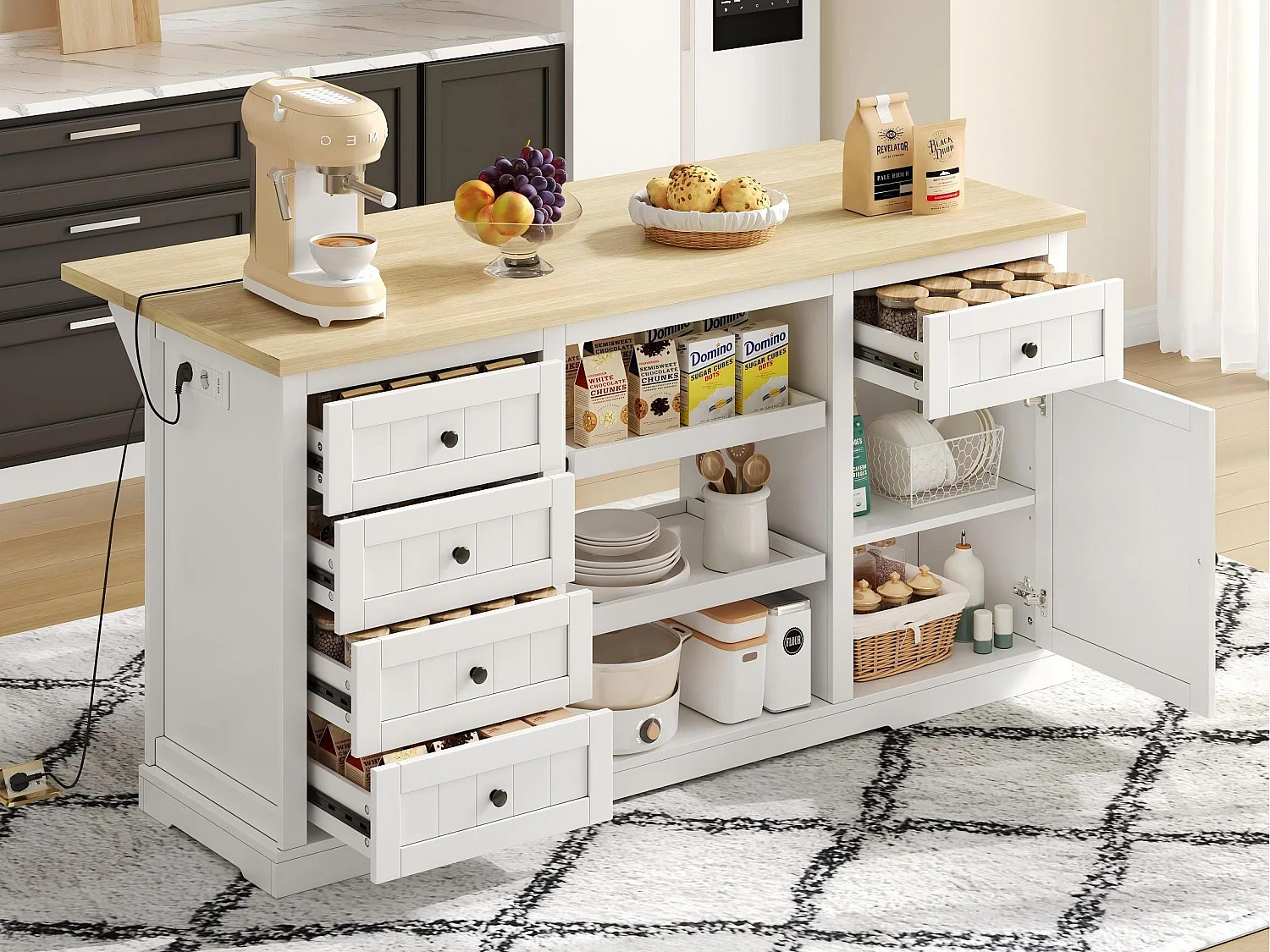 Ilot central de cuisine - avec 5 tiroirs et 2 étagères coulissantes - avec prise de courant - plateau extensible - Naturel + Blanc