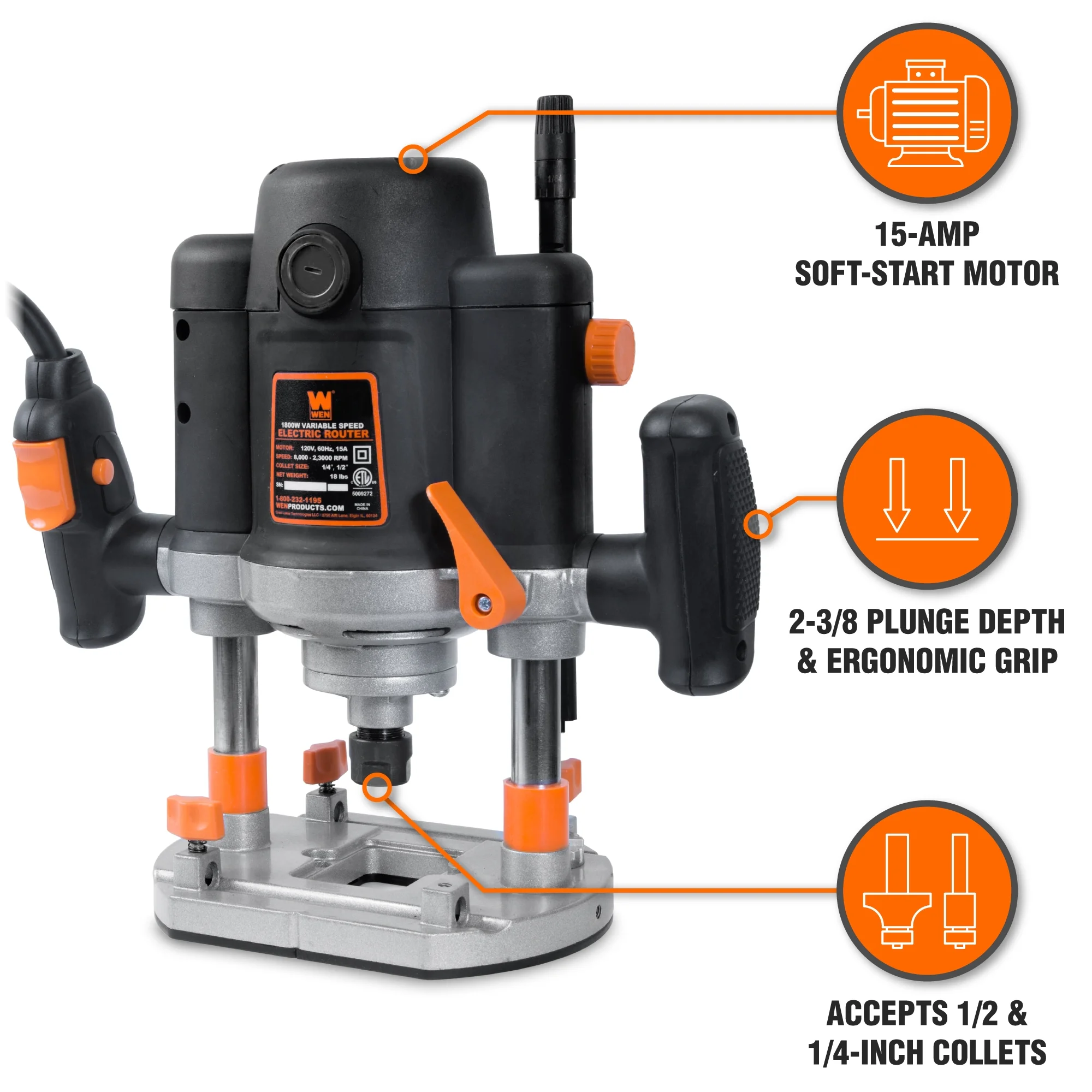 WEN Products 15-Amp Variable Speed Plunge Woodworking Router with Case, RT6033 - Image 4