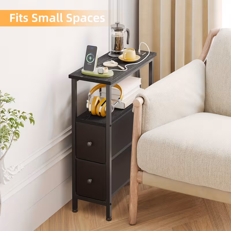Narrow Nightstand with Charging Station & 2 Fabric Drawers | Fixwal