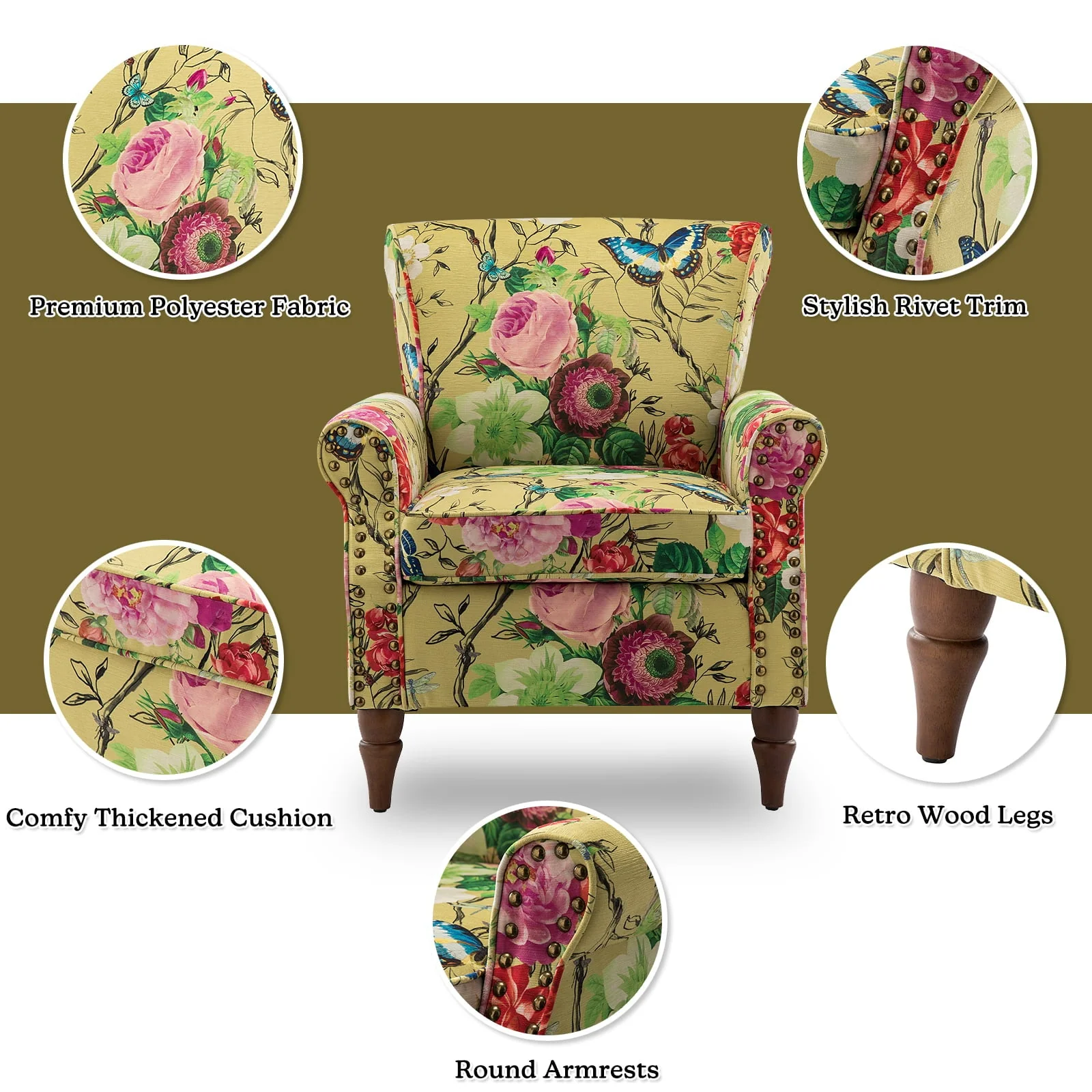 14 Karat Home Wingback Accent Chair Removable Cushion Floral Upholstered Sofa Armchair Couch Wood Legs Nailhead Trim Mustard - Image 8