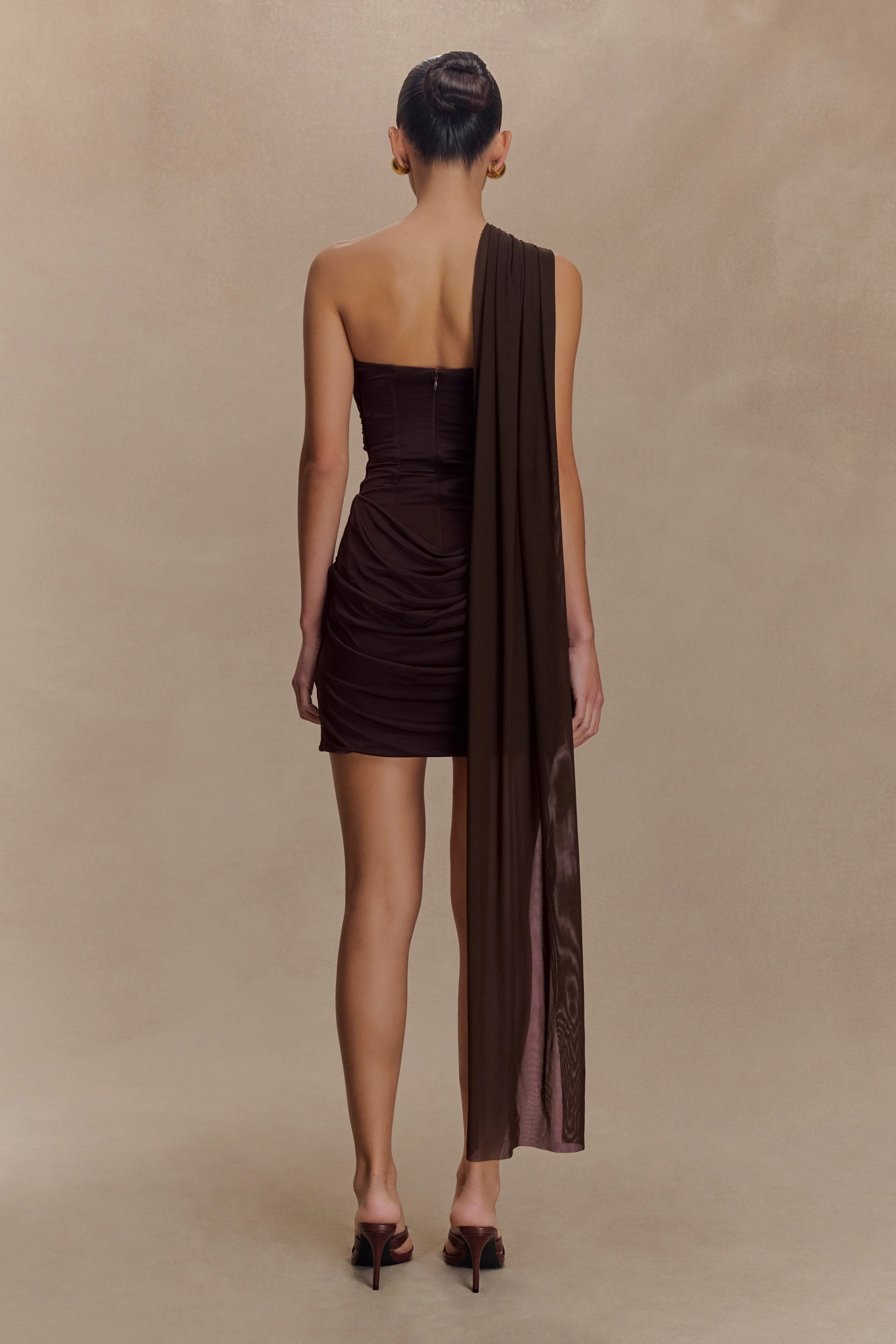 Mattea Slinky And Mesh Mini Dress With Scarf - Dark Chocolate