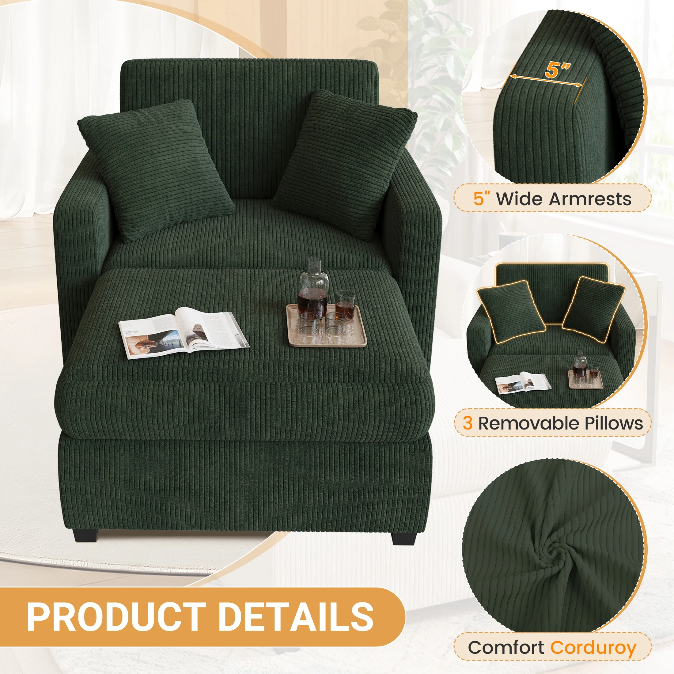 LUMIHO Chaise Lounge Chair Indoor, 42" Sleeper Chair with Two Throw Pillows and Armrests, Corduroy Chaise Couch Chair with Ottoman for Living Room, Bedroom, Apartment, Green - Image 8