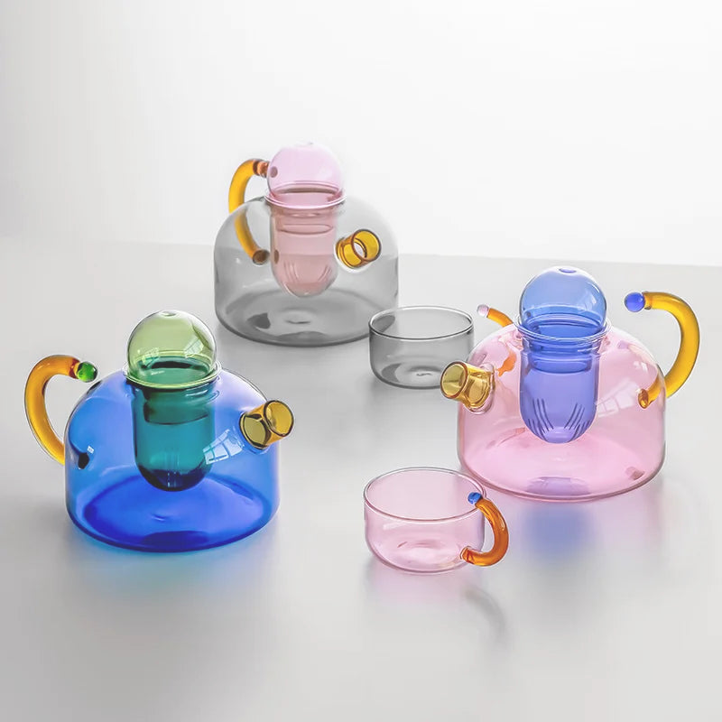 Elegant Borosilicaat Theeservies met Uniek Ontwerp en Levendige Kleuren – Vaatwasmachinebestendig, 80 ml Kopje, 400 ml Theepot