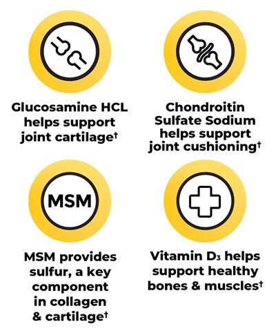Glucosamine HCL helps support joint cartilage.† Chondroitin Sulfate Sodium helps support joint cushioning.† MSM provides sulfur, a key component in collagen & cartilage.† Vitamin D3 helps support healthy bones & muscles.†