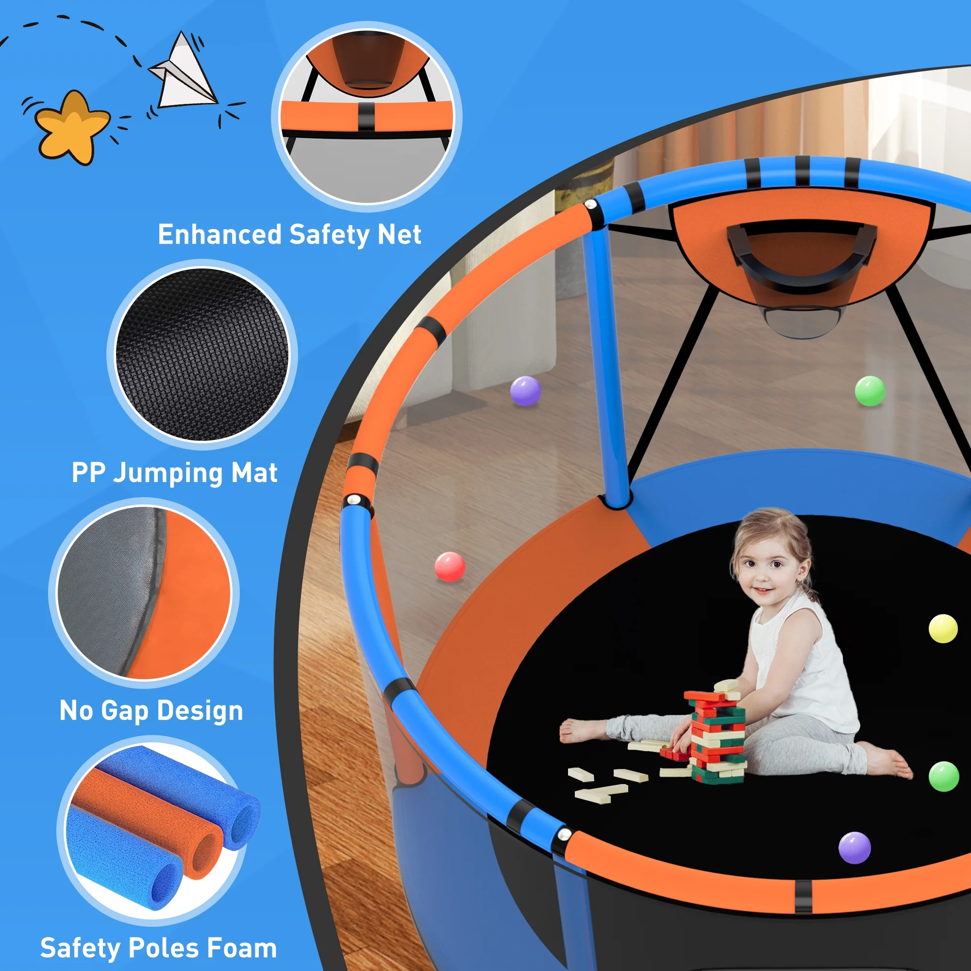 CITYLE Trampoline for Kids 600LBS 60'' 5FT Toddler Trampoline Indoor Outdoor with Basketball Hoop, Swing, Adjustable Bar, Mini Small Trampoline with Enclosure, Gifts for Toddlers, Boys & Girls - Image 53