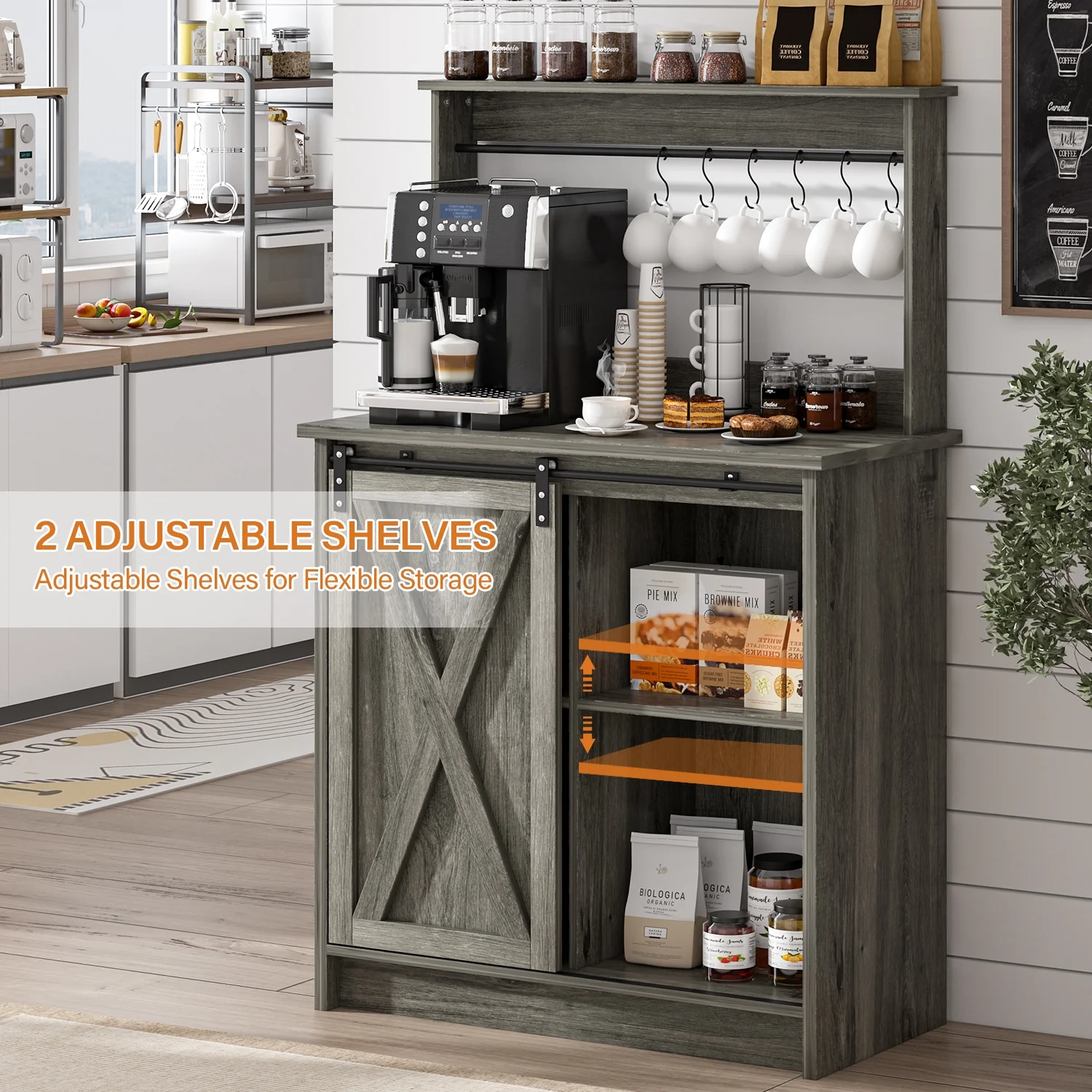 Catrimown Coffee Bar Cabinet, Barn Door Sideboard Buffet Cabinet with Storage, White - Image 18