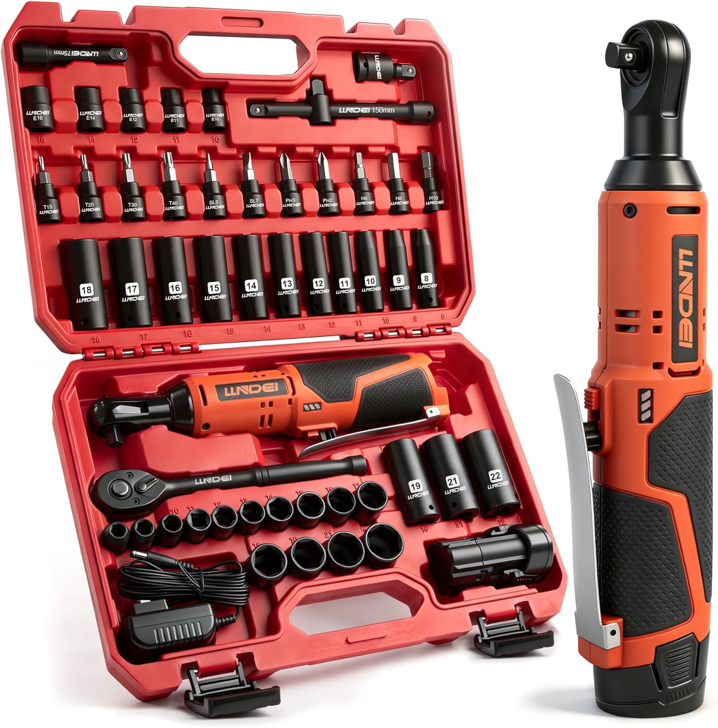LLNDEI Cordless Electric Ratchet Wrench Set with Socket Set, 3/8