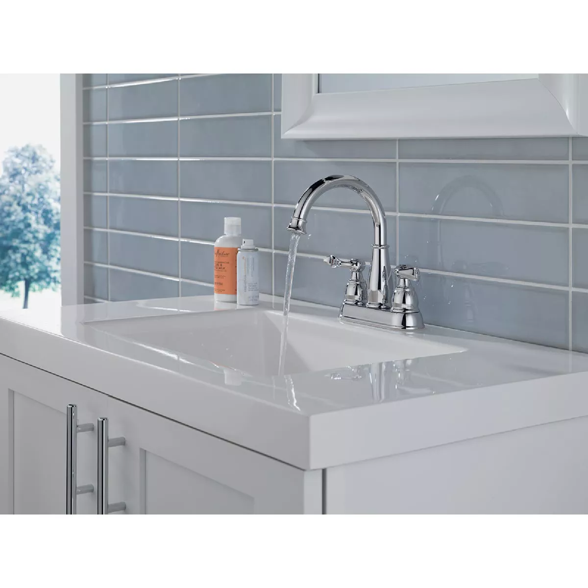 Delta Windmere Chrome 2-Handle Lever 4 In. Centerset Bathroom Faucet and Push Pop-Up with Overflow