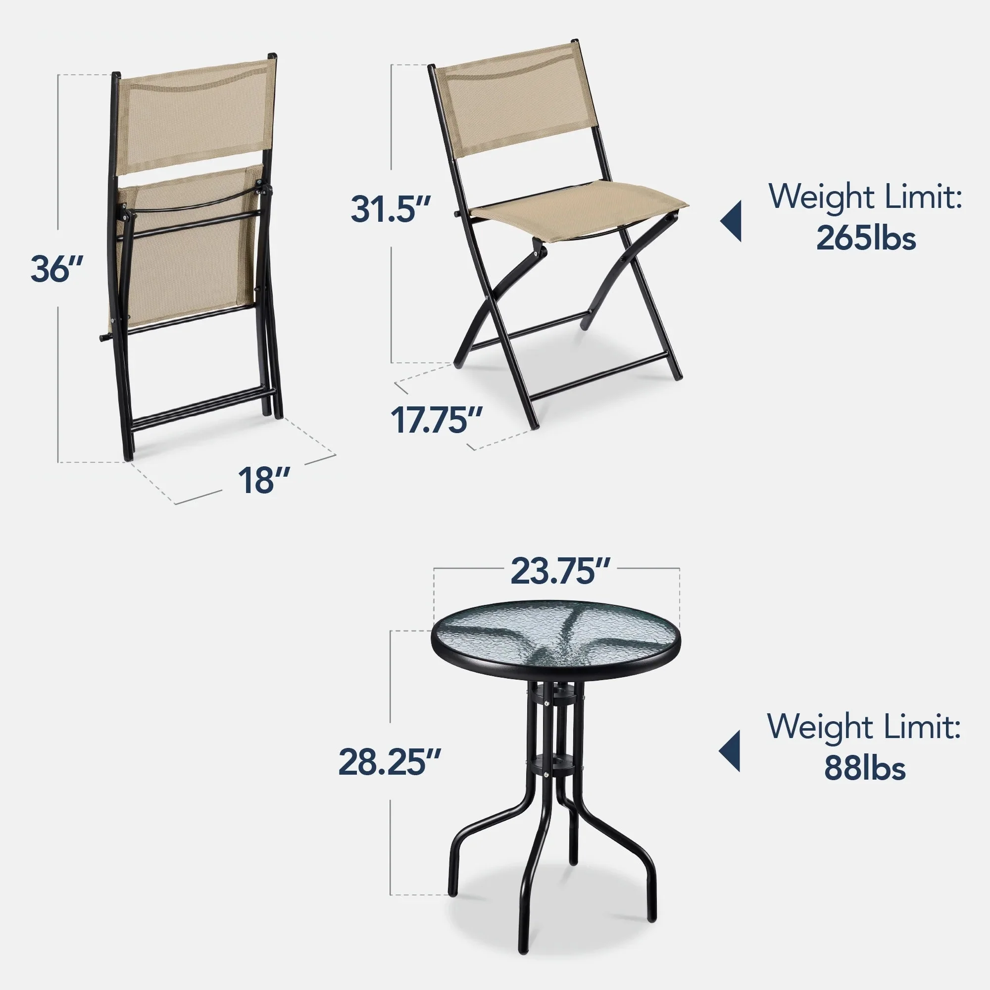 Best Choice Products 3-Piece Patio Bistro Dining Set With Glass Tabletop And Folding Chairs - Gray - Image 23 Best Choice Products 3-Piece Patio Bistro Dining Set With Glass Tabletop And Folding Chairs - Gray - Image 23