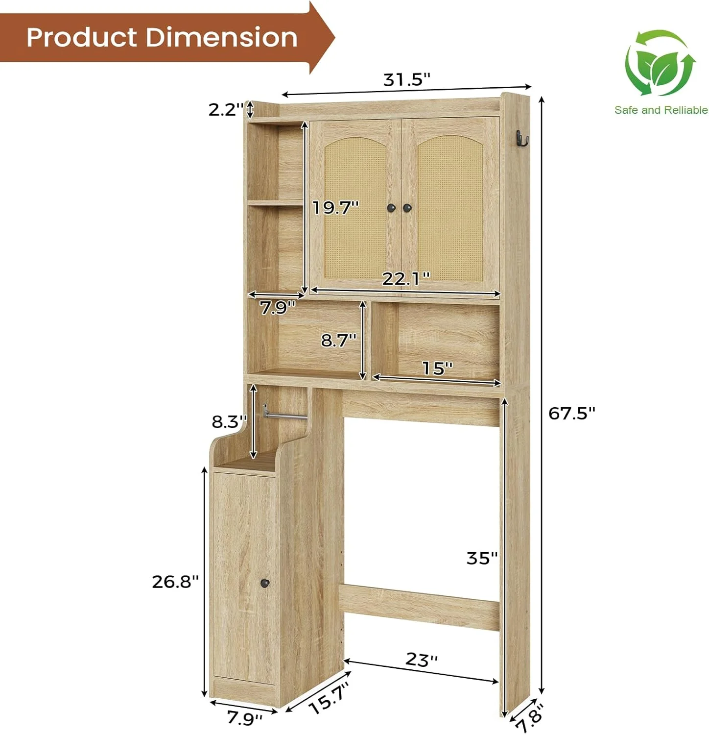 Over The Toilet Storage Cabinet with 3 Doors, Farmhouse Space Saver for Bathroom Organizer with Paper Holder, 10 Shelves and Hooks, 7-Tier Over Washing Machine Cabinet for Laundry, Bathroom, Natural