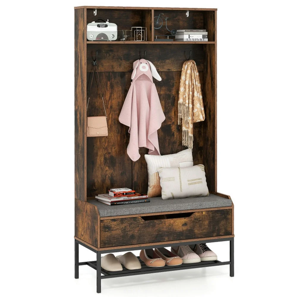 Canddidliike 69 Inches Tall Hall Tree 4-in-1 Coat Rack with Seat Cushion and Shoe Storage-Rustic Brown, Entryway Corner Organizer Coat Rack Freestanding for Home