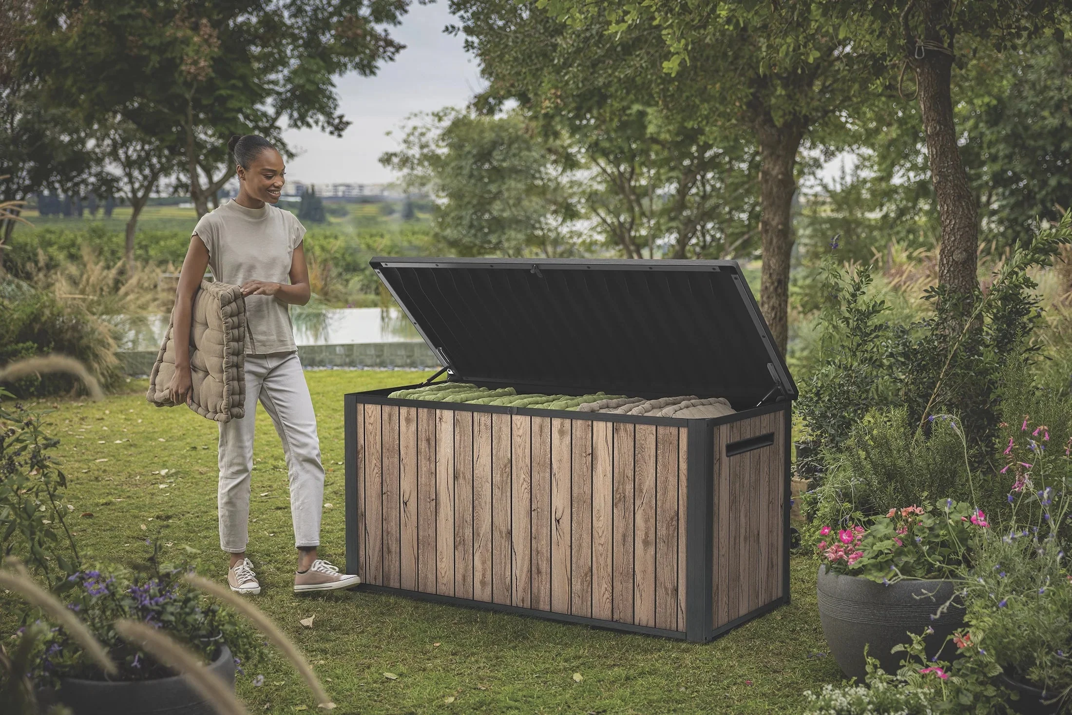 Keter 170 Gallon Durable Resin Outdoor Deck Box Storage, Pine - Image 6 Keter 170 Gallon Durable Resin Outdoor Deck Box Storage, Pine - Image 6