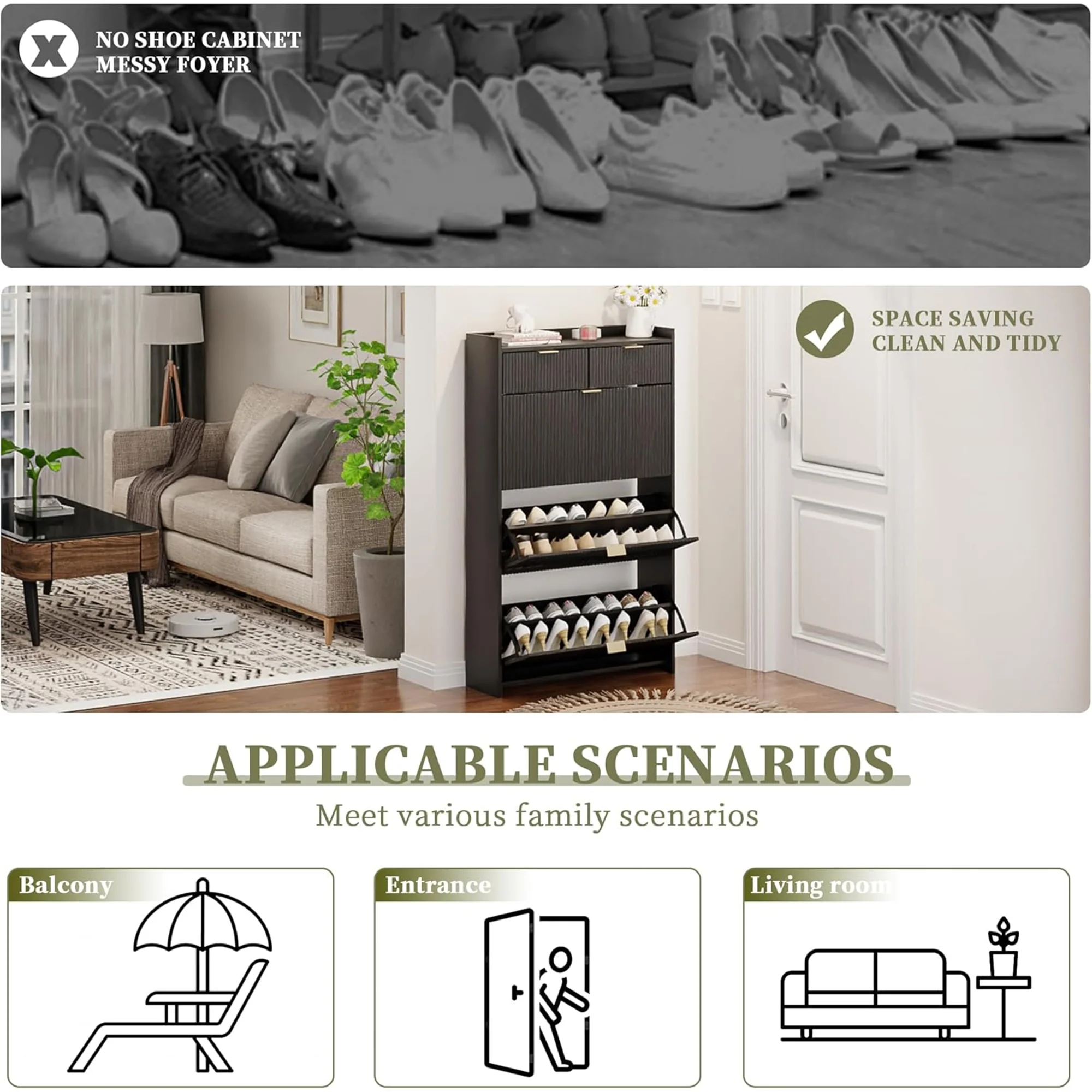 Shoe Cabinet, Free Standing Tipping Bucket Shoe Rack Organizer with 3 Flip Drawers, Modern Entryway Narrow Shoe Rack with 2 Drawers & Top Storage, for Hallway Bedroom, Walnut - Image 15