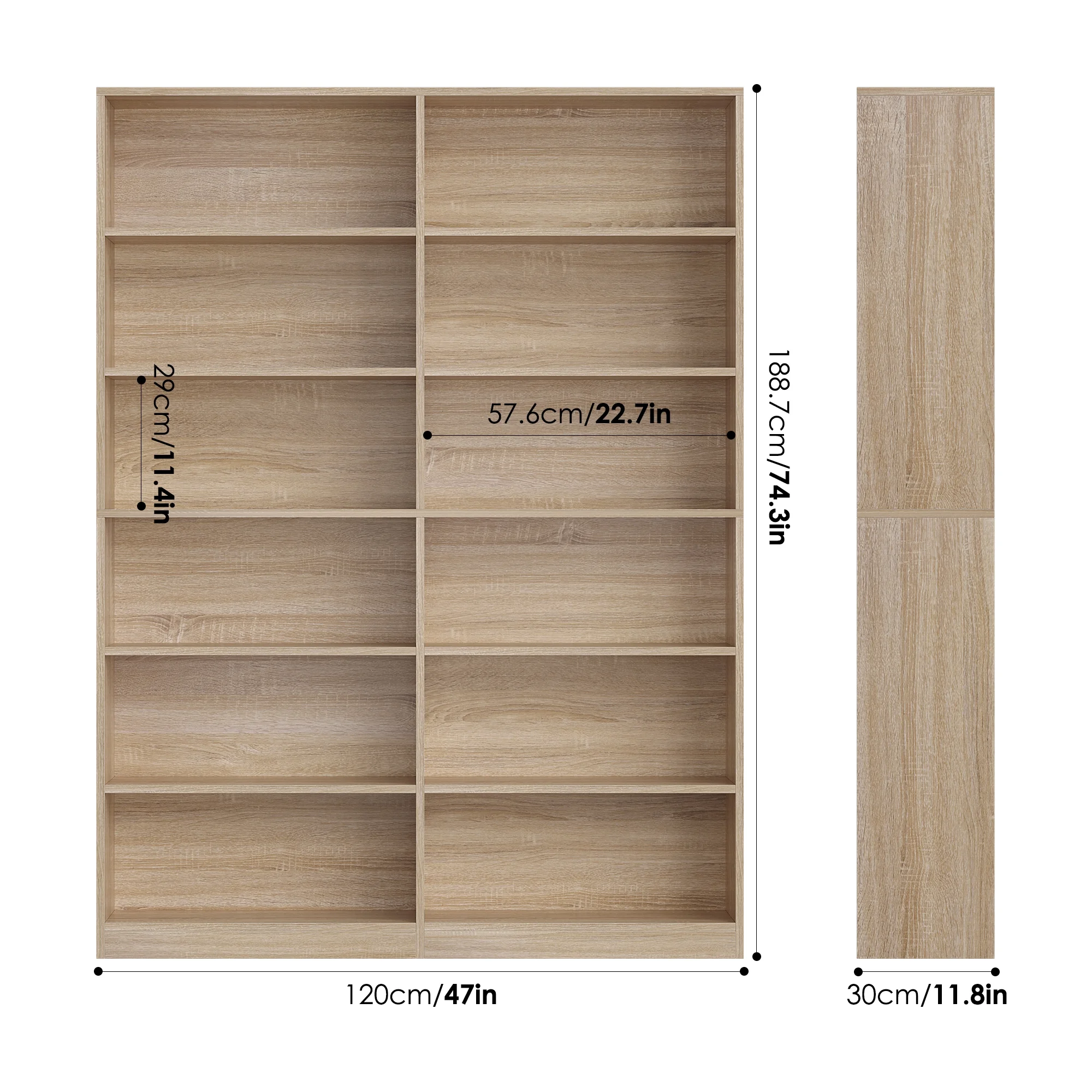Homfa 74.3�� Double Wide 6-Tier Bookcase, Extra Large Wooden Freestanding Display Bookshelf for Home Office Living Room, White - Image 16