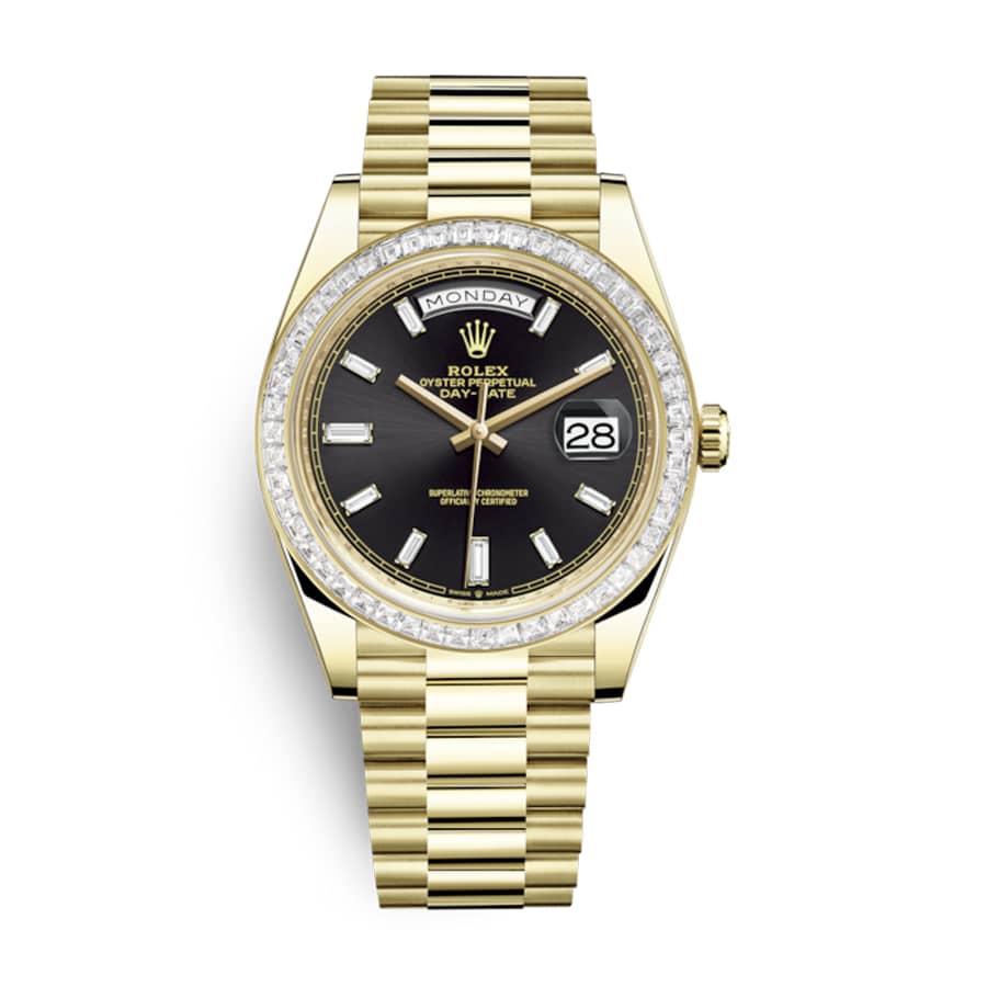 Rolex Day-Date 228398TBR Yellow Gold   Diamonds Black Dial Replica - Elite Watch Atelier