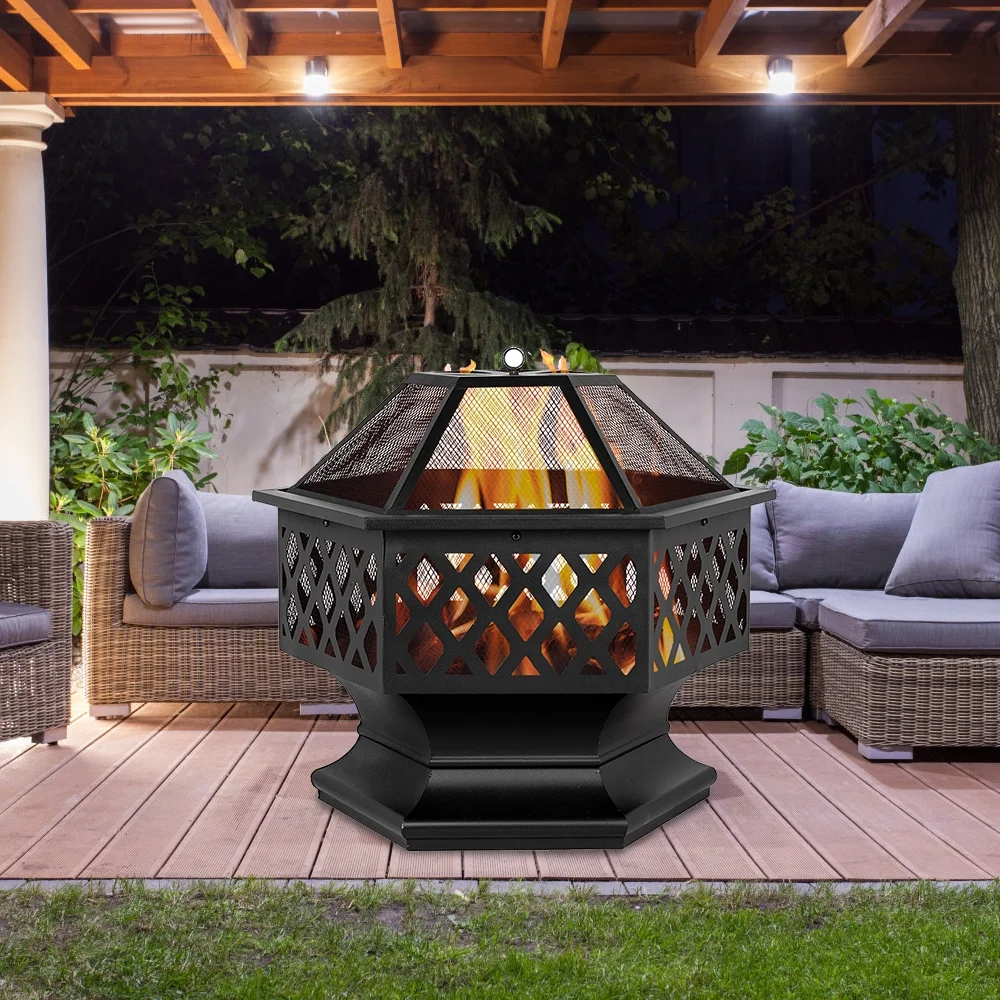 Outdoor Wood Burning Fire Pit, 24" Hexagon Metal Fire Pit for Patio with Poker, Spark Screen, Hex Shaped Fire Pit BBQ Grill, Garden Firepit Stove for Camping Picnic Bonfire Backyard, JA2419 - Image 9