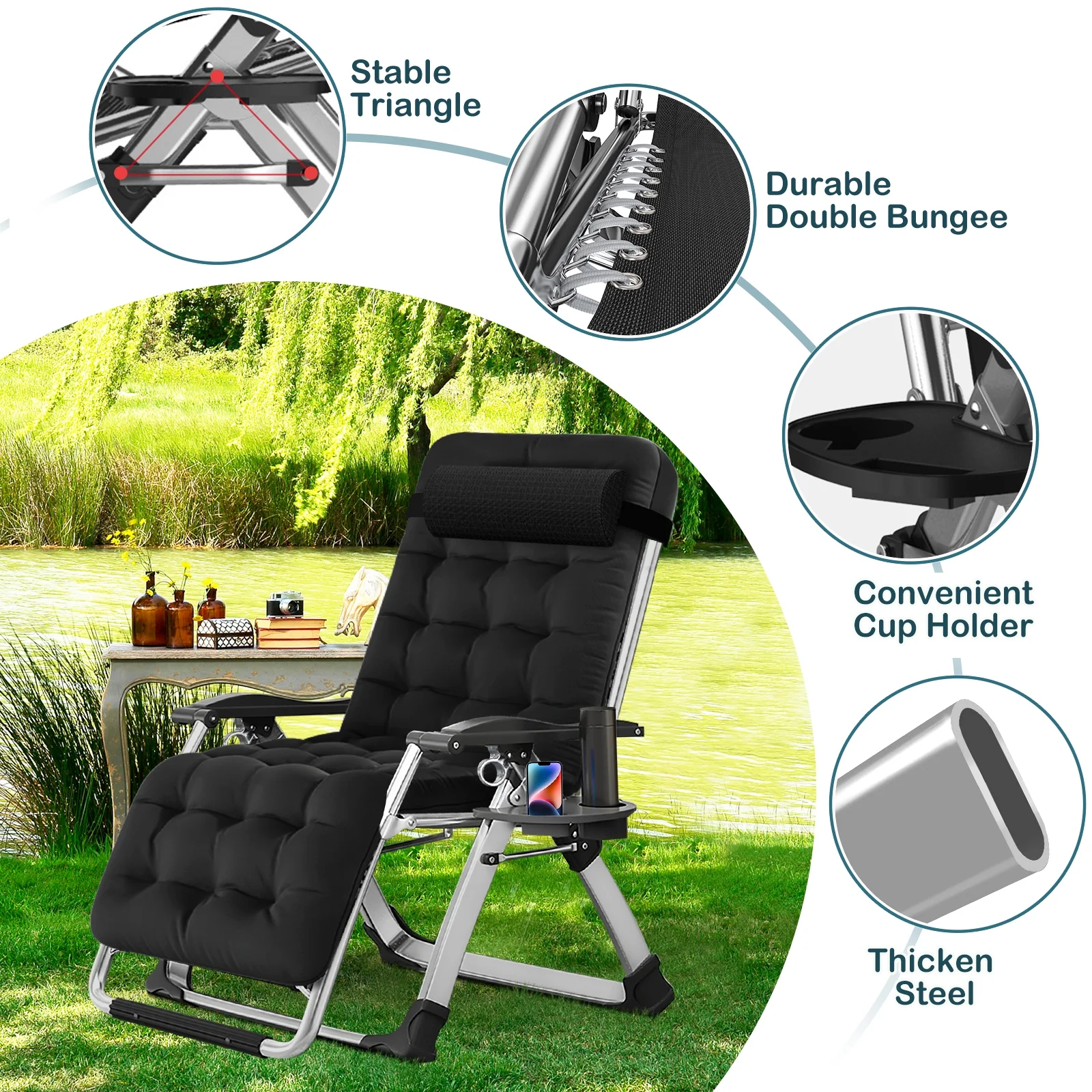 NAIZEA Zero Gravity Chair with Removable Cushion and Cup Holder Black - Image 37