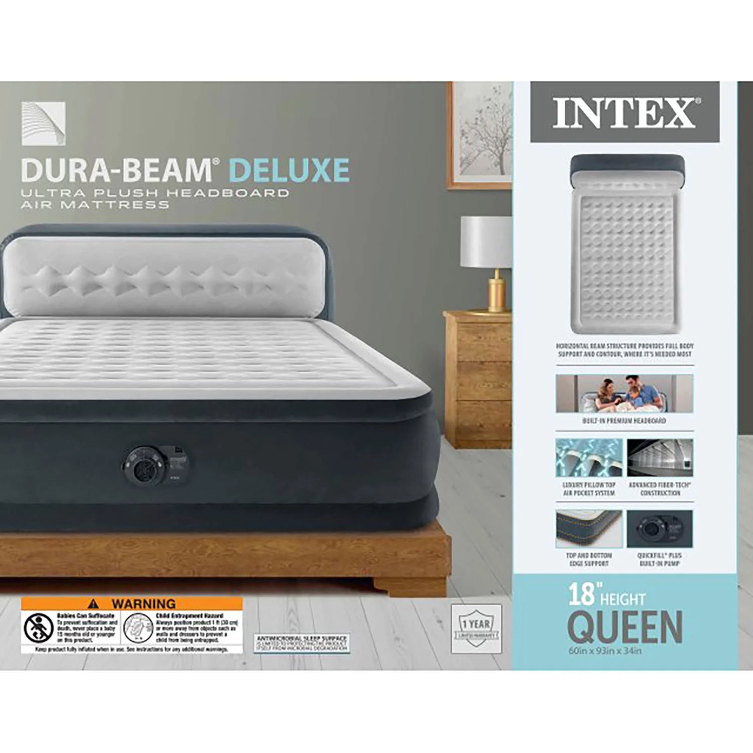 Intex: Dura-Beam Deluxe: Ultra Plush Headboard Airbed - Queen - Gray, 18" Inflatable Mattress, Built-In Pump, Fiber-Tech, Carry Bag, 600lb Cap 64447ED - Image 9