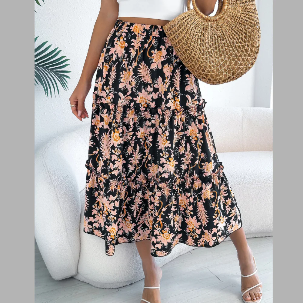 Floral Print Ruffle Hem Flowy Midi Skirt - ZKZOOK