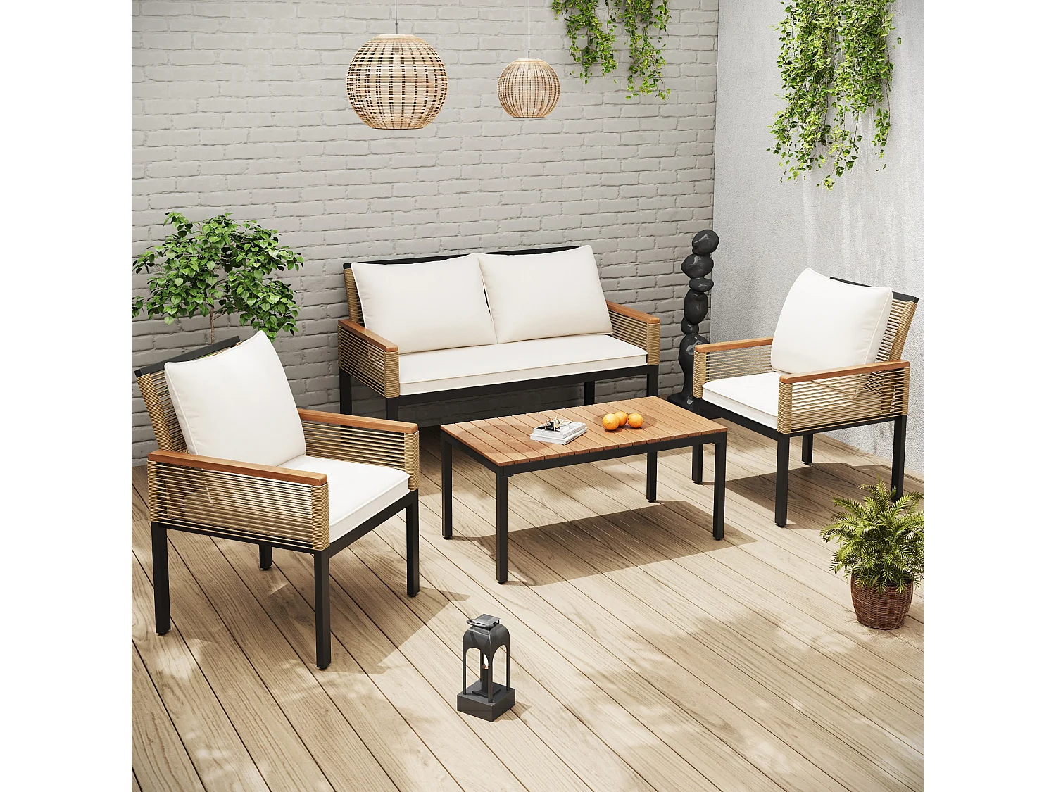 Salon de jardin modulable en métal : 1 canapé 2 places + 2 fauteuils + 1 table basse - Beige