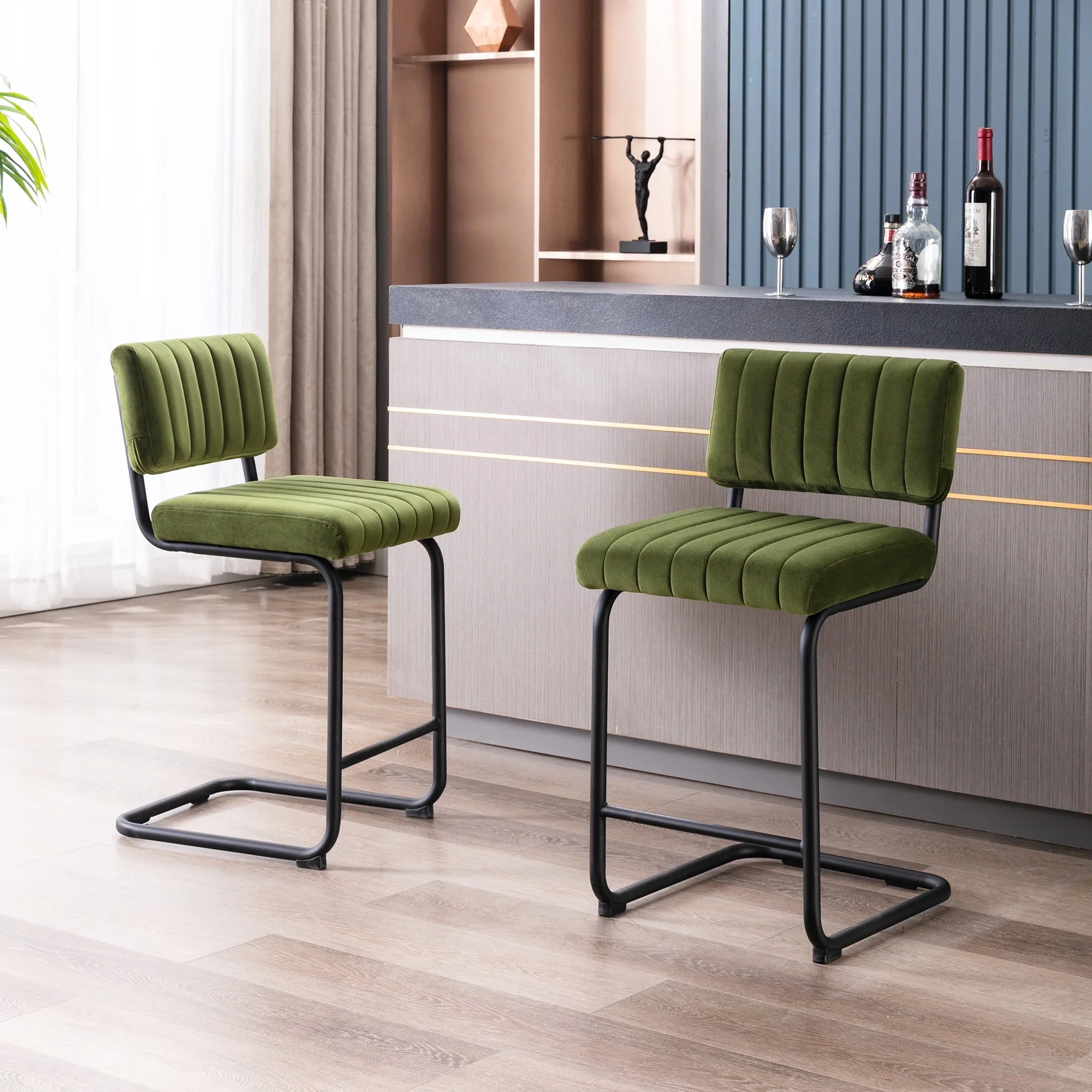 Zesthouse 24" Velvet Counter Stools Set of 2, Modern Counter Height Bar Stools with Back and Black Metal Base, Green - Image 4