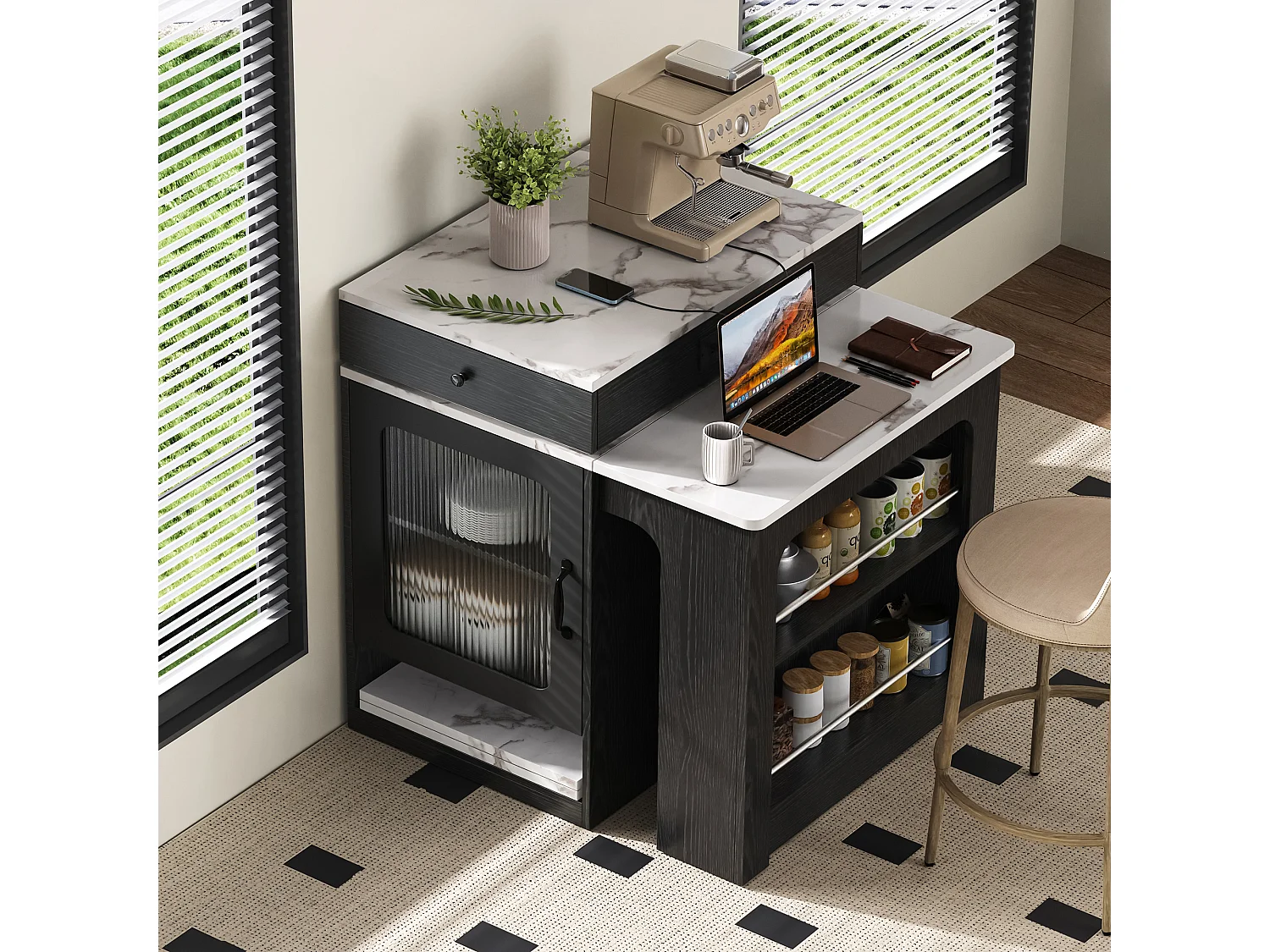 Îlot central de cuisine sur roulettes, prises , porte et 2 tiroirs - table extensible- Blanc et noir