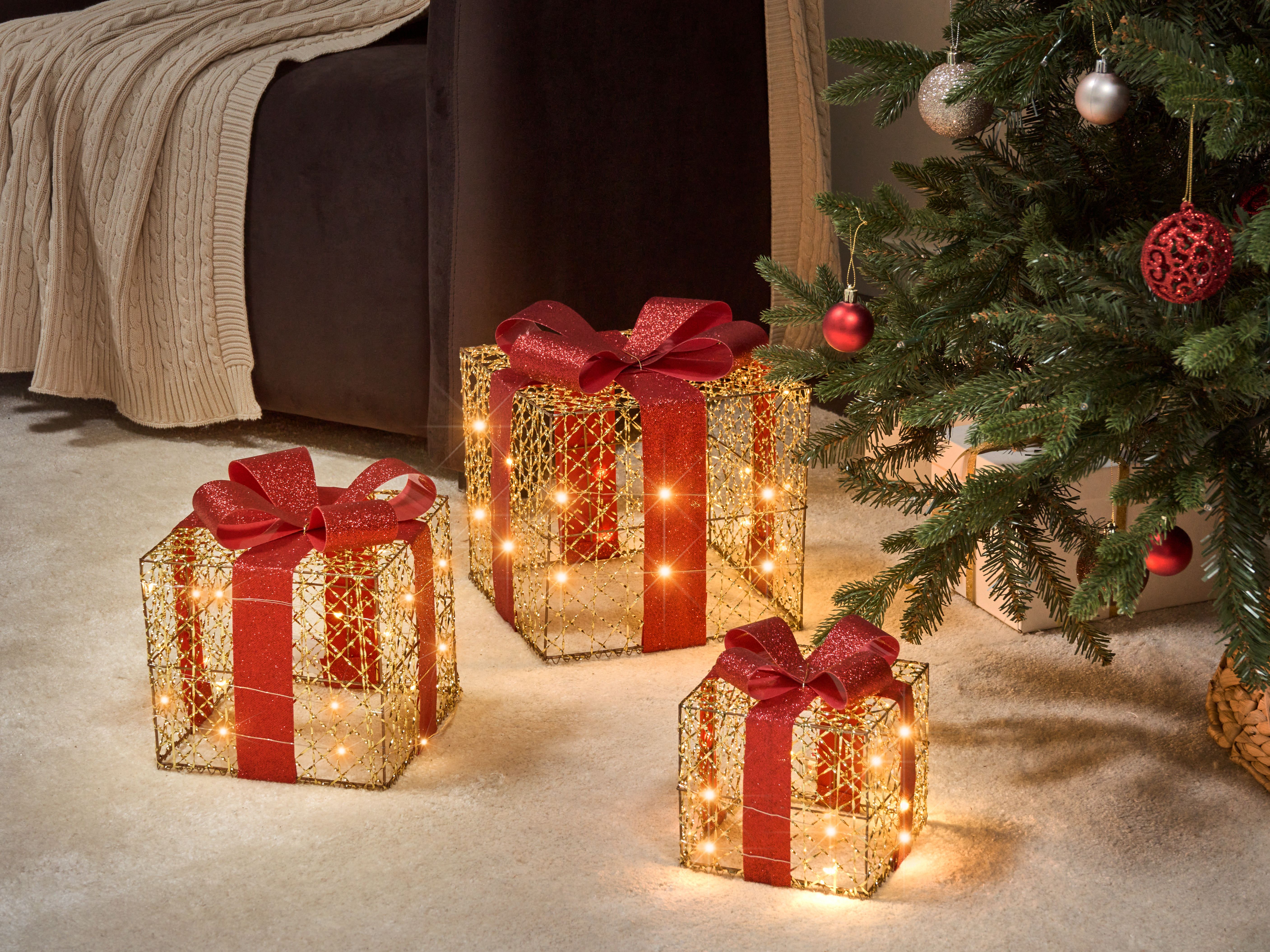 Set of 3 Christmas Decorations LED LYSEREN Christmas Gifts 20/25/30 cm Gold