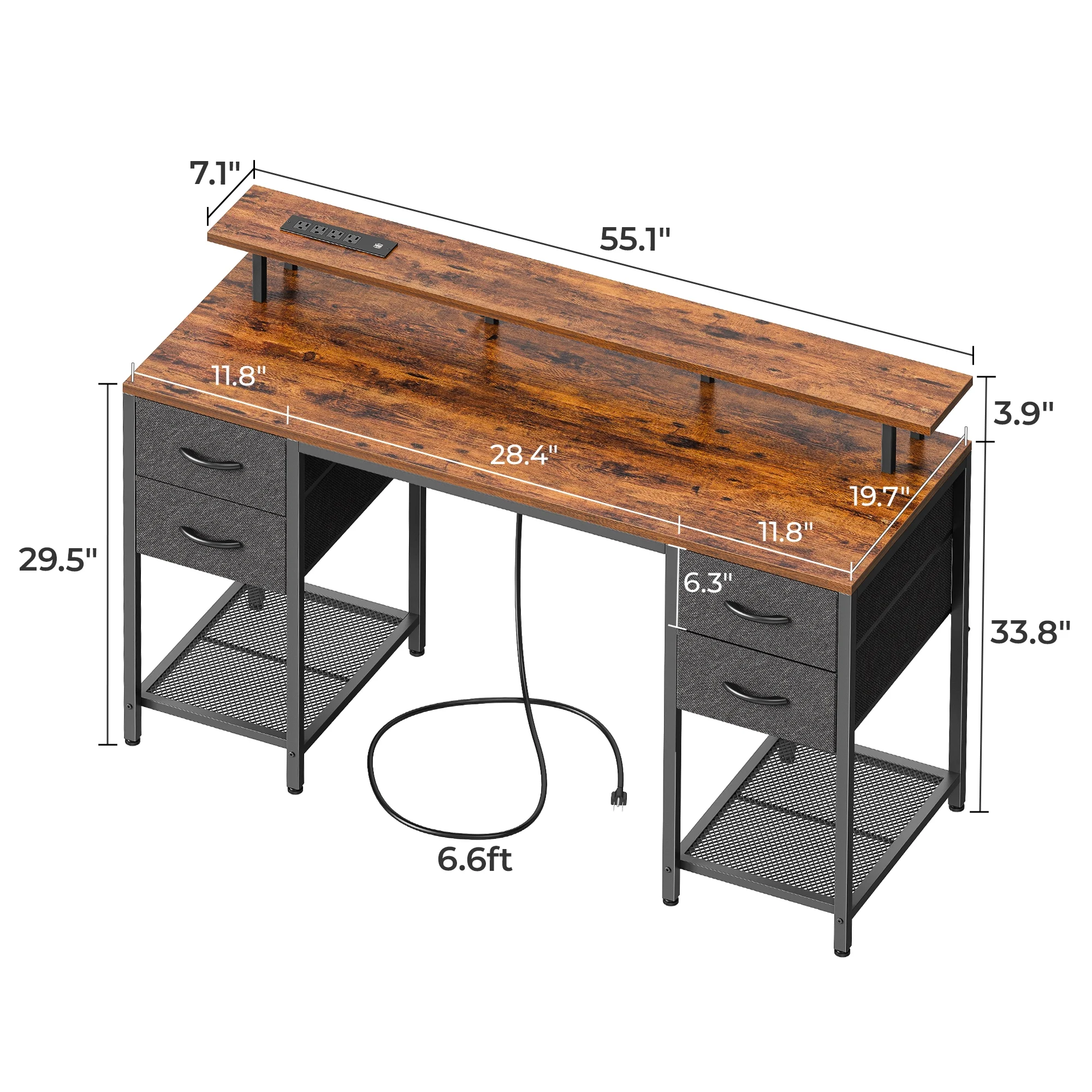 55.1" LED Gaming Desk with Drawers, Computer Desk with Outlets, Office Desk with 4 Drawers, Corner Desk, Writing Desk in White - Image 21