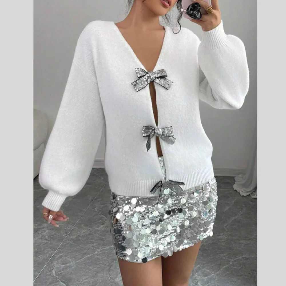 Bow-Decor Dropped Shoulder Knit Cardigan - ZKZOOK