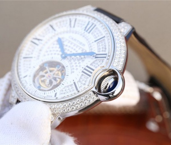 Replica Cartier Ballon Bleu de Cartier Tourbillon SS Full paved Diamonds Leather Strap - Top club