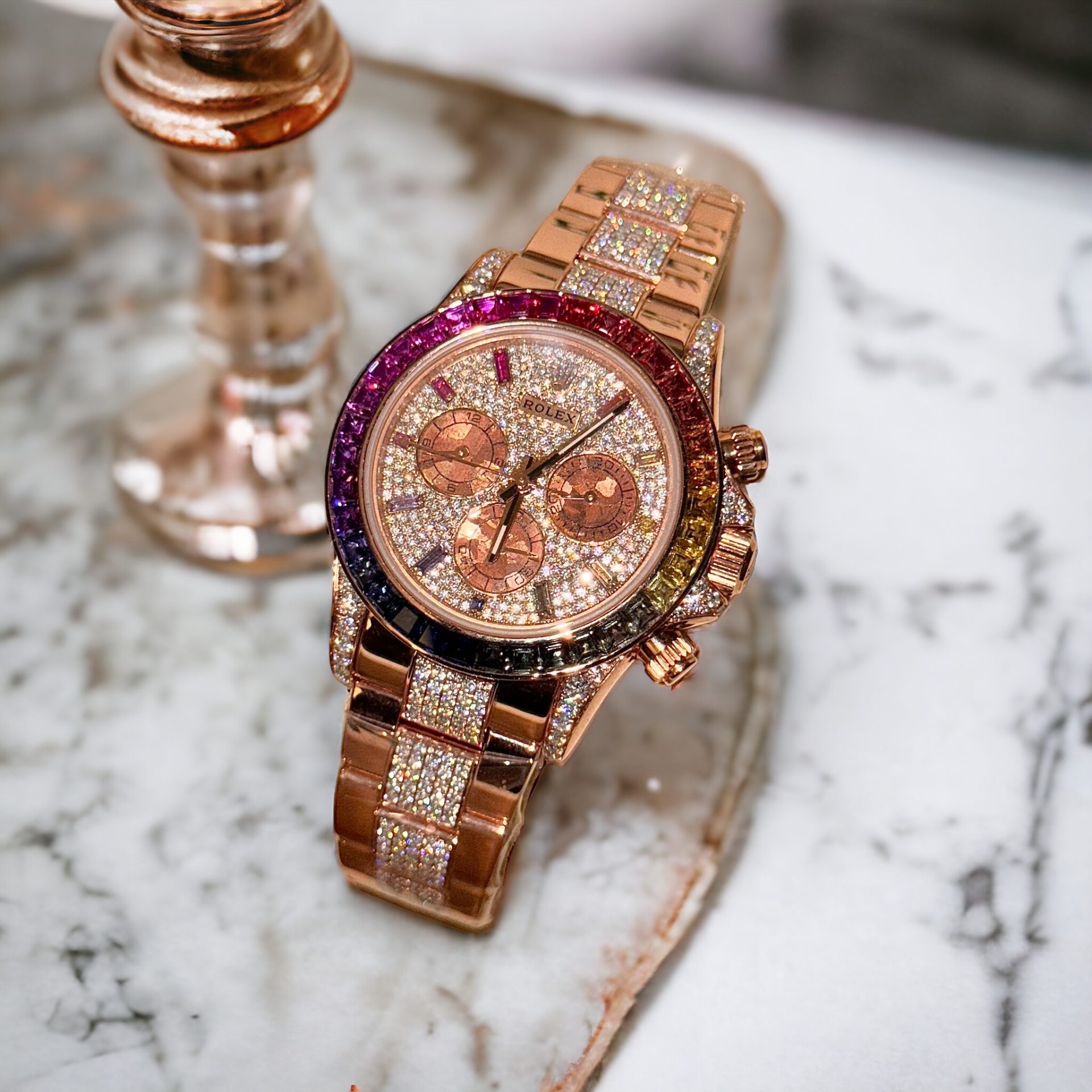 Rolex Daytona Rainbow Replica Watch Gold Wrapped + Ruby + Moissanite Diamonds 40mm - Elite Watch Atelier