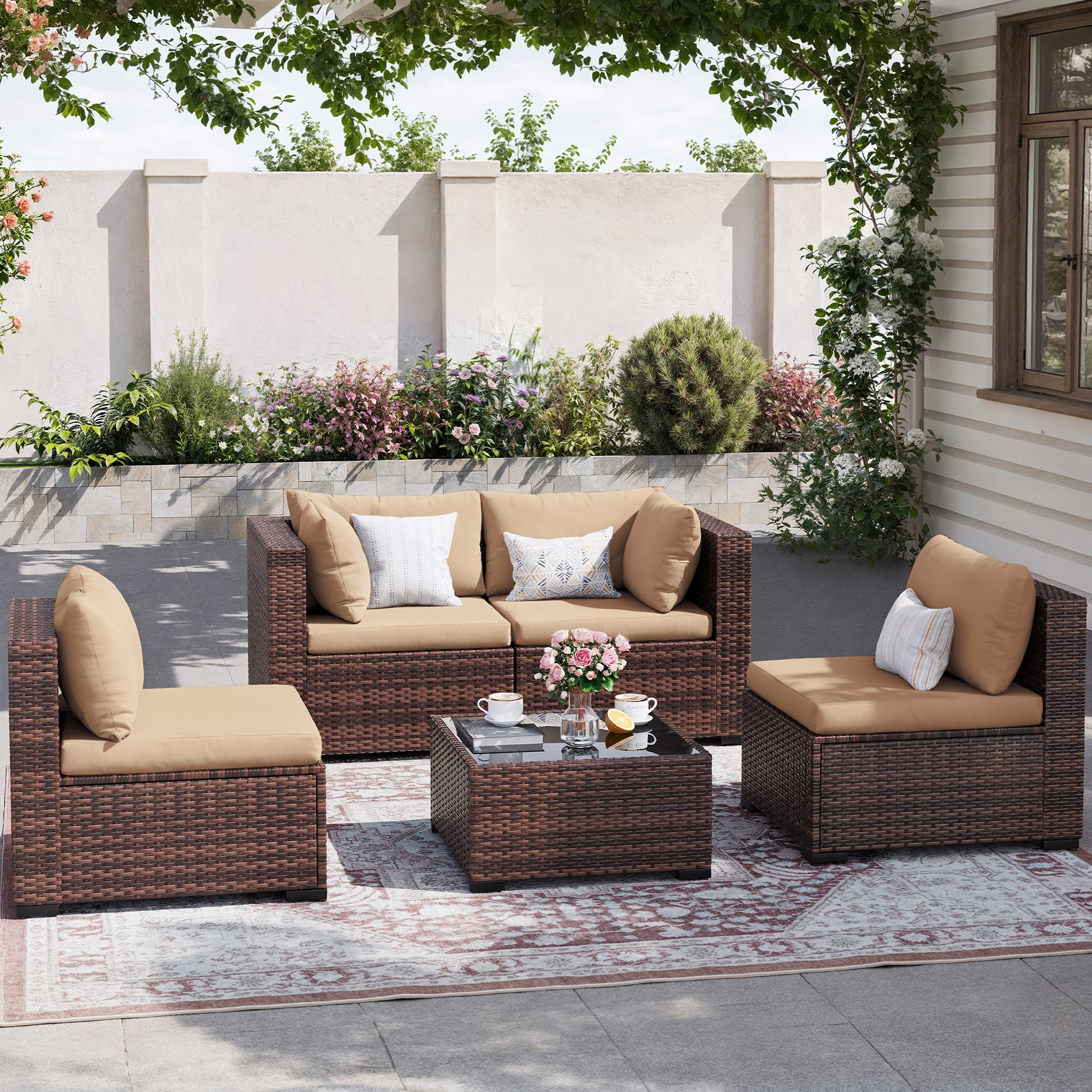 7 Pieces Patio Conversation Set, Outdoor Sectional PE Rattan Wicker Furniture Seat,Dark Gray - Image 27