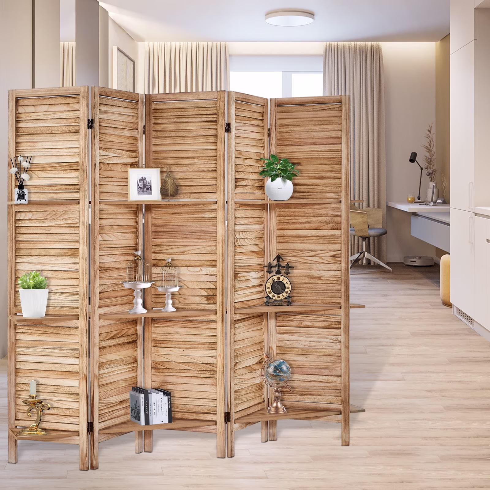 6-Panel Room Divider with Shelves5.6ft Tall Folding Privacy Screen Panels, Room Divider Wall, Divider for Room Separation, Room Divider ShelvesEffectively Block SightNatural - Image 3