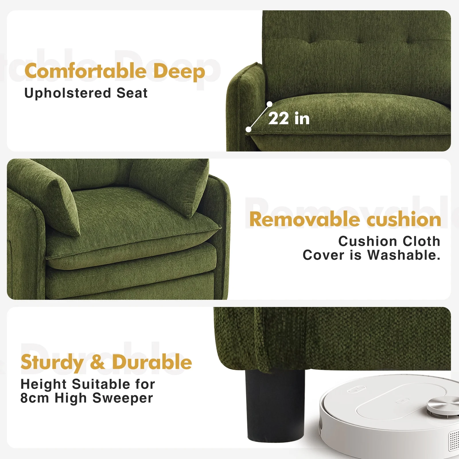 Aemeios Upholstered Chenille OversizedAccent Armchairs with Ottoman and Side Pocket, Cream - Image 12
