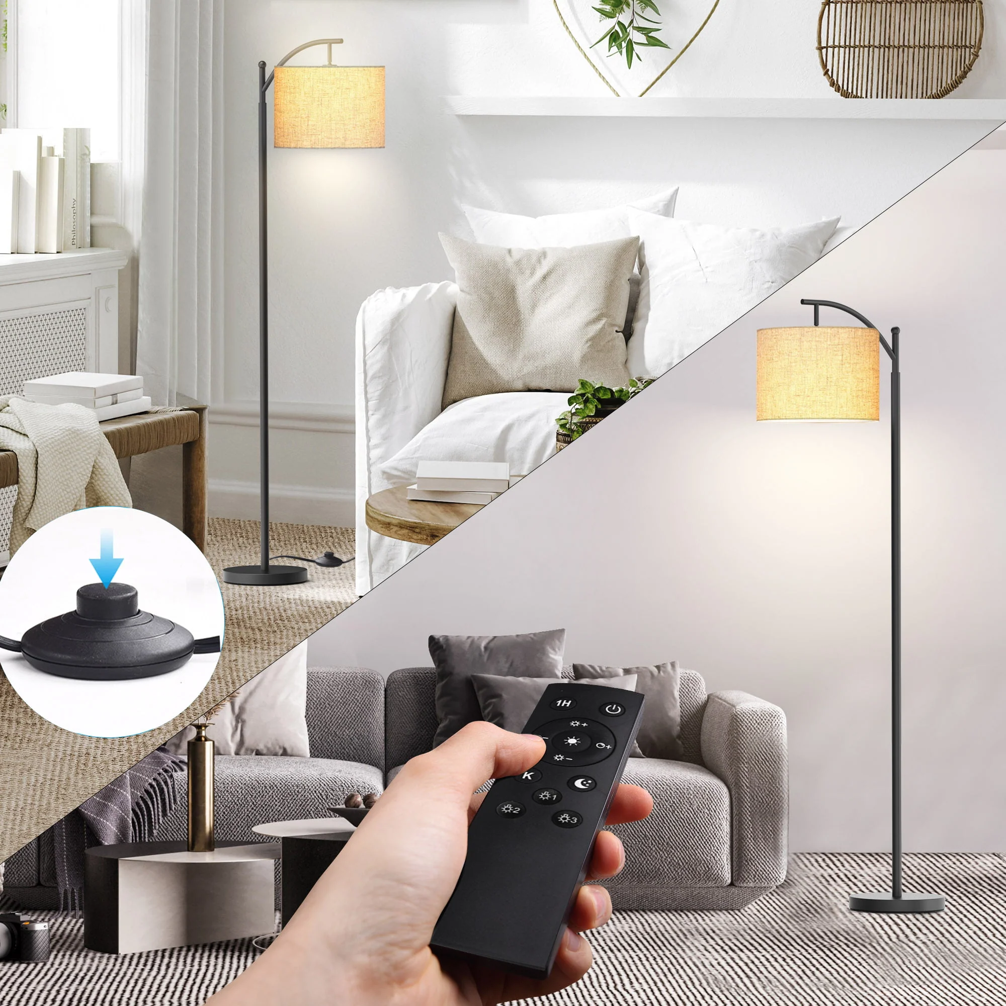 Pazzo Metal Arc Floor Lamp with Remote Control & Stepless Dimmable Bulb, for Living Room, Bedroom, Black