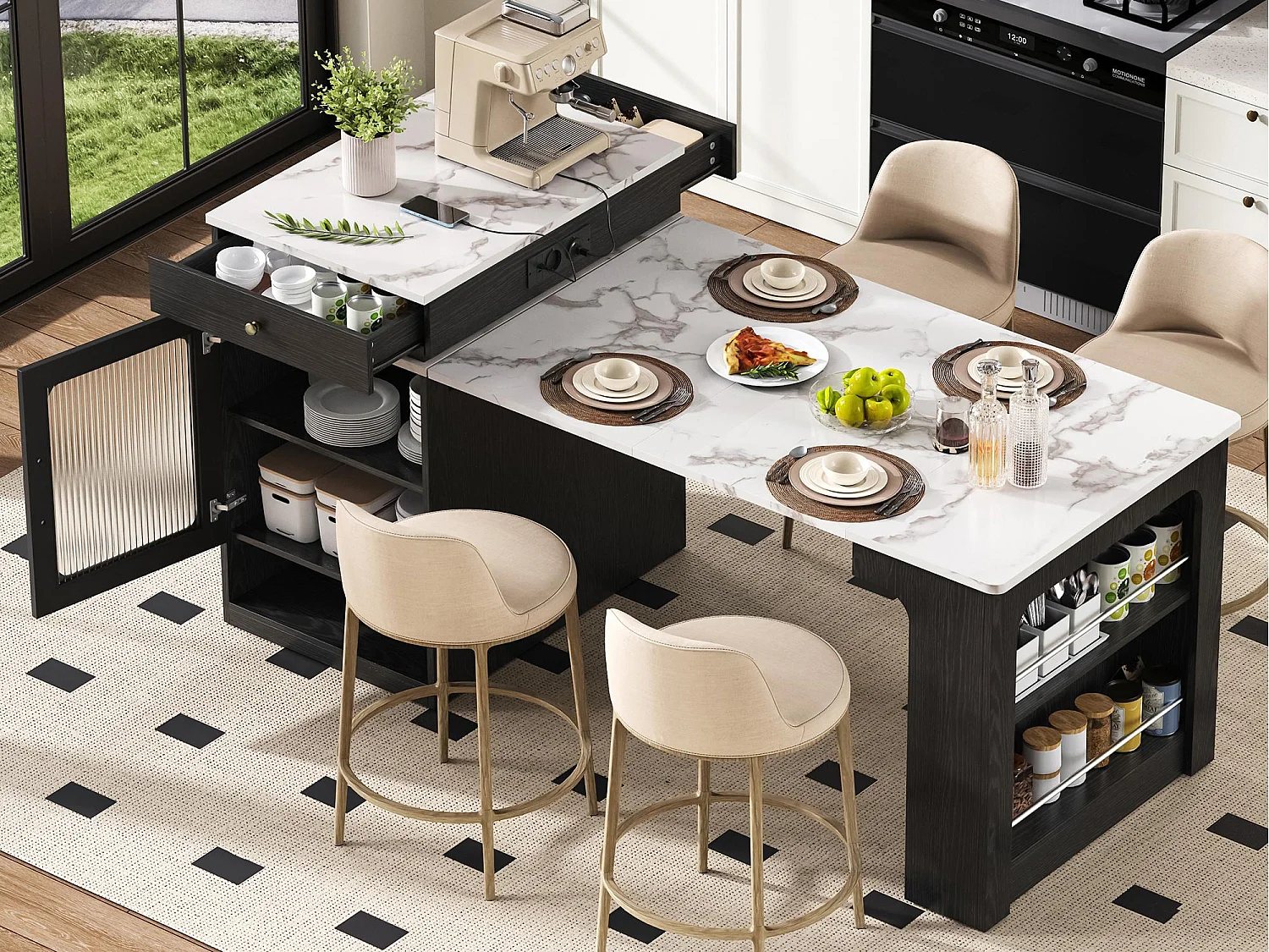 Ilot central de cuisine - avec prise de courant - avec table à manger amovible et extensible - texture de marbre - avec 1 porte - noir + blanc