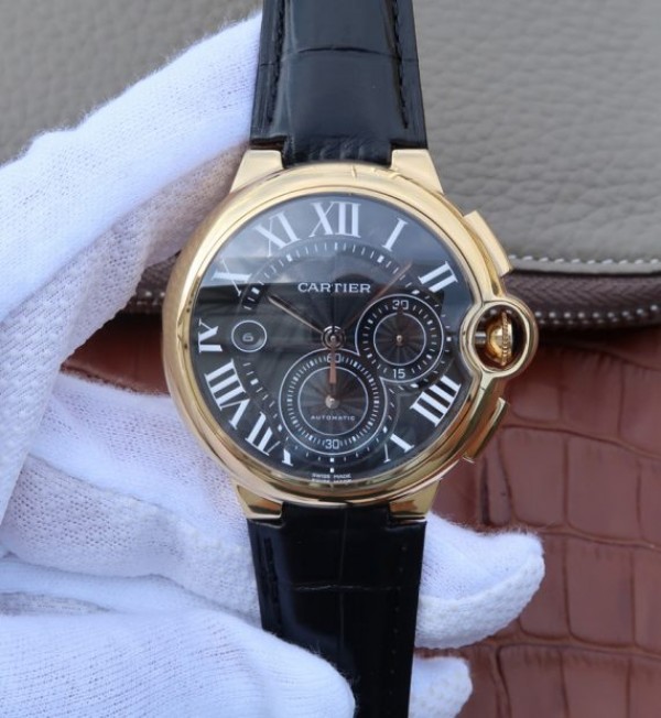 Replica Cartier Ballon Bleu De Cartier Chrono 44mm YG Black Dial Leather Strap A8101 - Top club