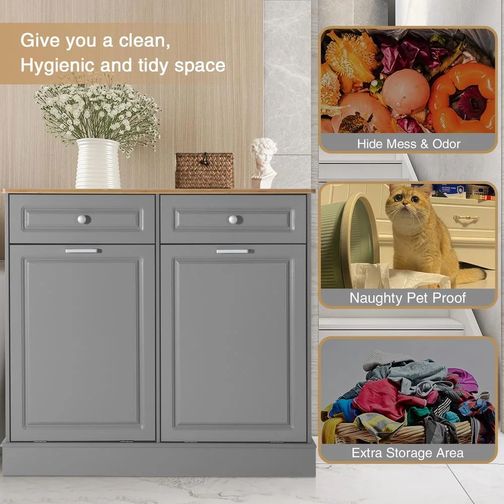 Eclife 20 Gallons Double Tilt Out Trash Cabinet Wood Tabletop, Upgrade Gray, WB010GY - Image 8